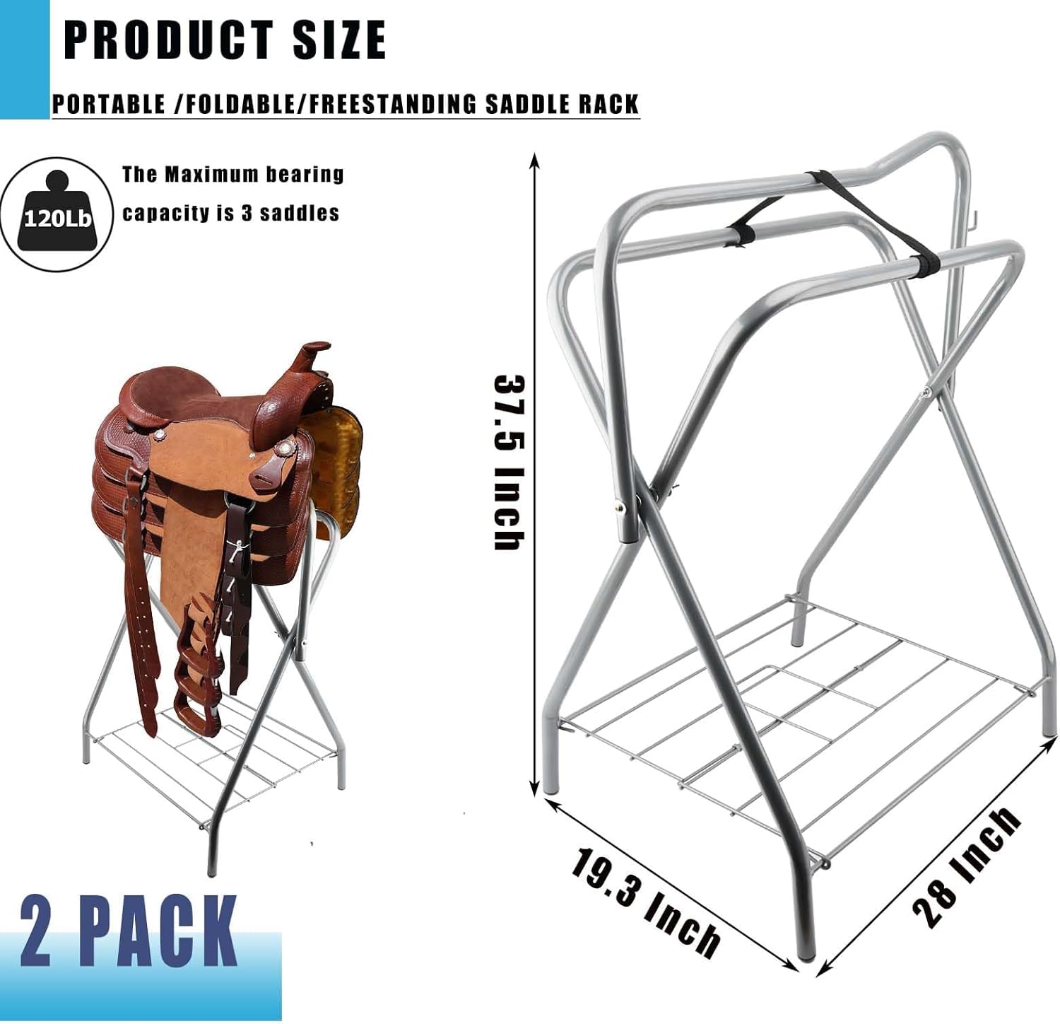 Hdyegy 2 Pack Portable Folding Horse Saddle Stand For English & Western Saddles, 28' L X 19' W X 37.5' H, Silver