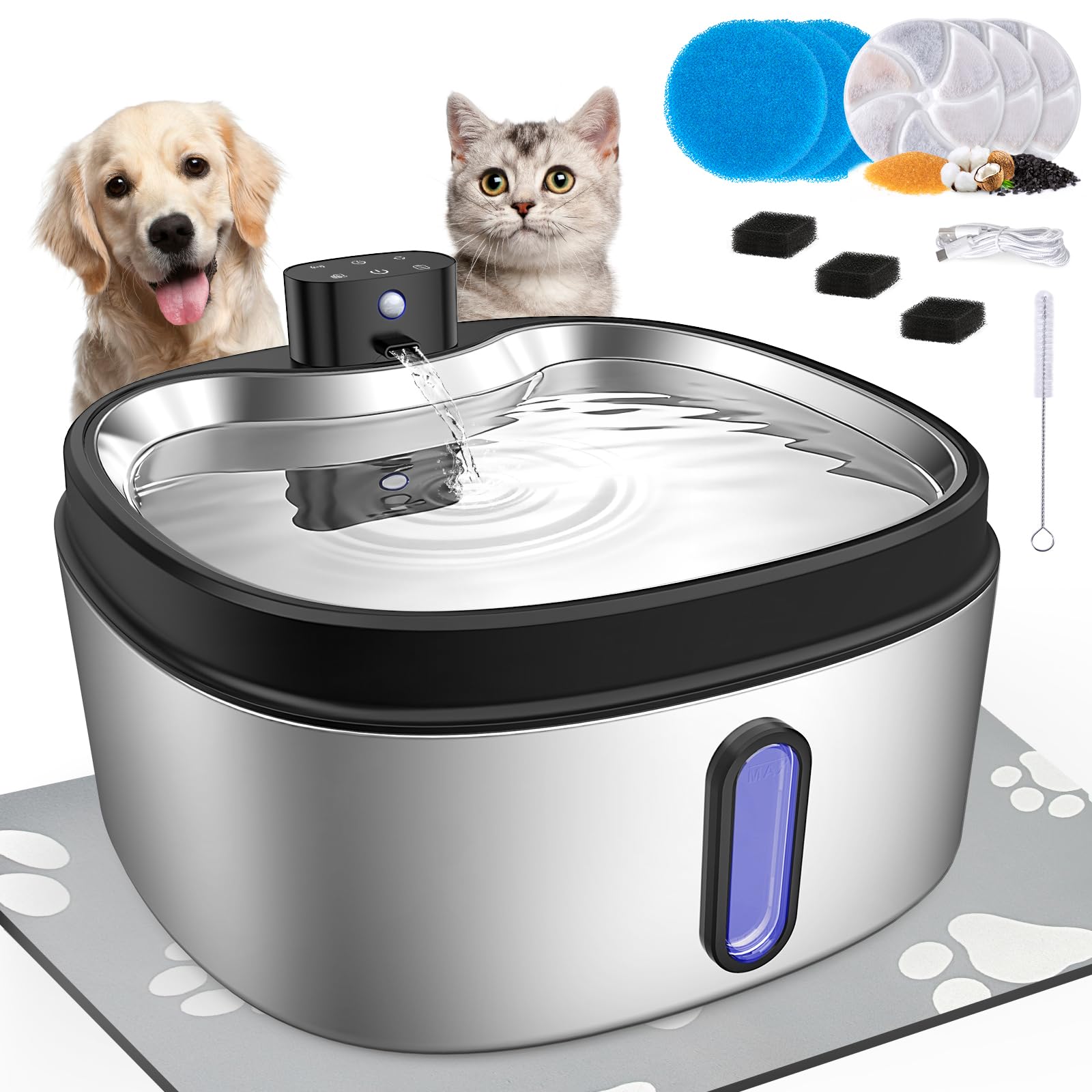 Wireless Cat/Dog Water Fountain 7L/1.8Gal with Silicone Mat & 3 Set Filters, DRLWXYSBattery Operated Cordless Automatic Pet Wate