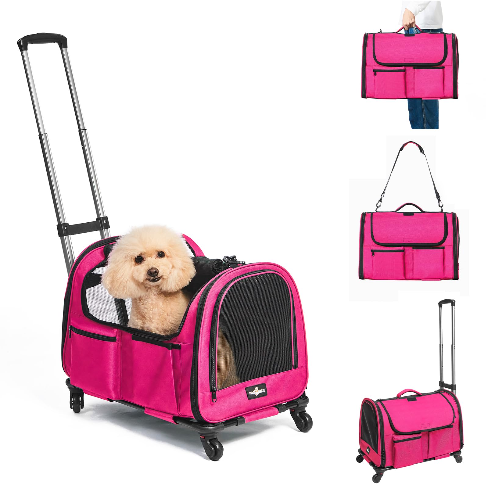 Paw Ballet Large Pet Carrier with Wheels, Foldable Rolling Dog Carrier with Big Pocket, Cat Rolling Bag 21x13x13for 2 Cats &Dogs