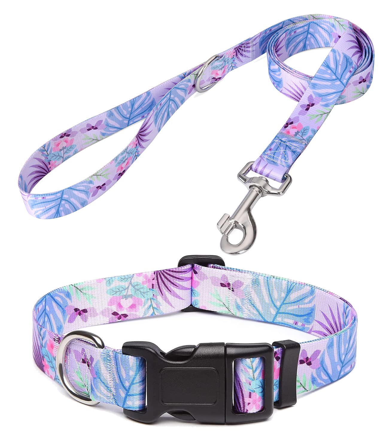Mihqy Dog Collar And Leash Set With Bohemia Floral Tribal Geometric Patterns - Soft Ethnic Style Collar Adjustable For Small Medium Large Dogs(Purple Flower Flower Set,L)