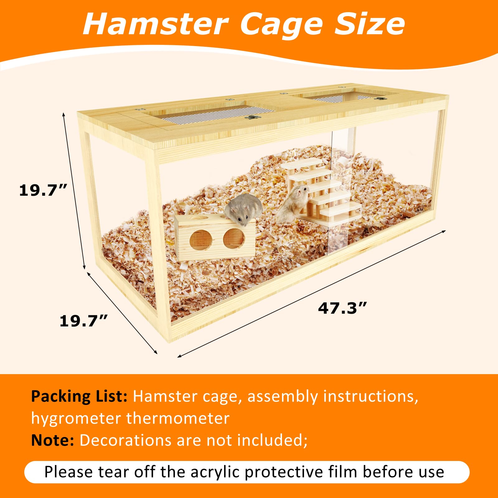 Large Hamster Cage 48'', Front Opening Lockable Sliding Door Gerbil Cage, Dwarf Hamster Cage With Metal Mesh Roof, Chewproof Syr