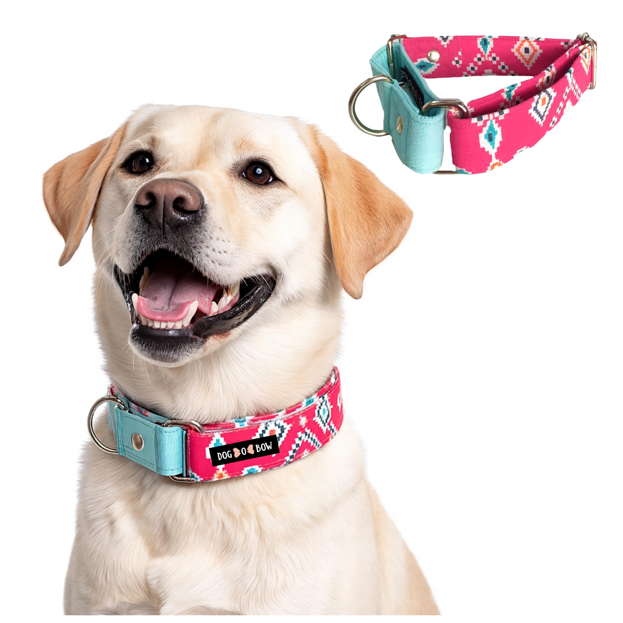 DogOBow TealPink Aztec Martingale Dog Collar, Durable, Comfortable & Adjustable Training Collar (Medium)