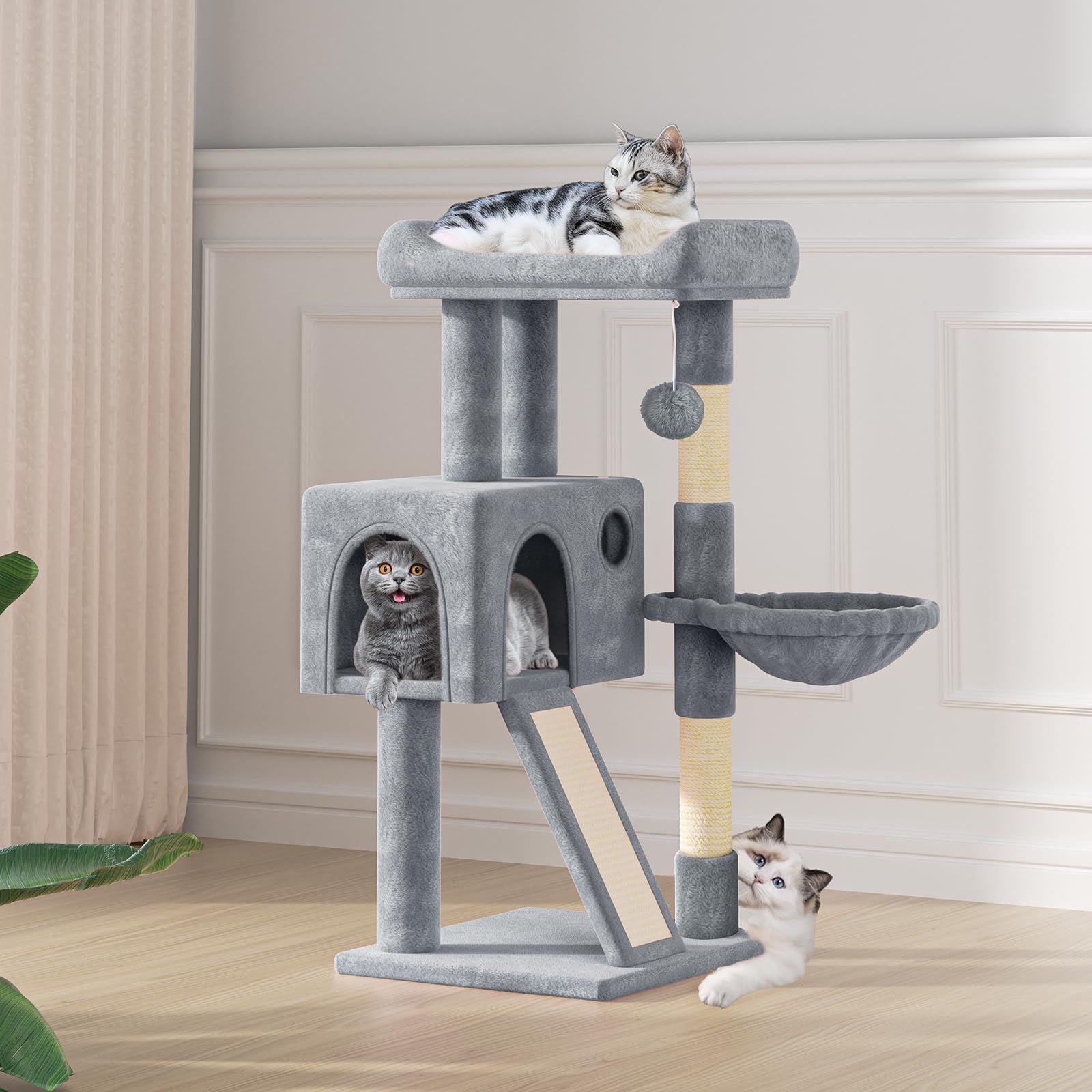 MoNiBloom Cat Tree - 36 Inch Tower with Condo, Scratching Post & Board, Hammock, Indoor Cat Climbing Tree, Light Grey