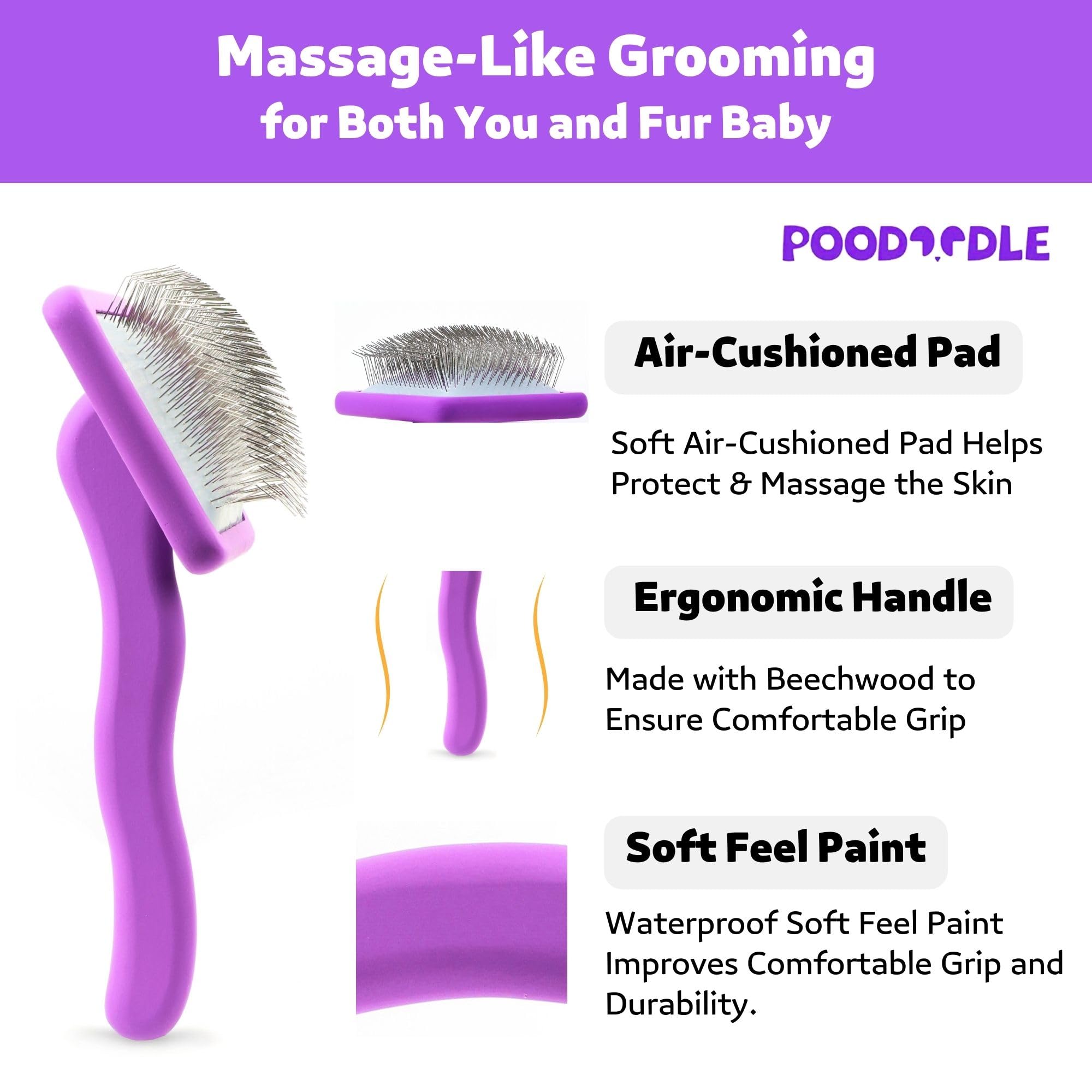 Poodoodle Dog Slicker Brush, Grooming Tool For Poodle, Doodle, Goldendoodle & All Long Haired Dogs, Long Pin Wood Brush Pefect F