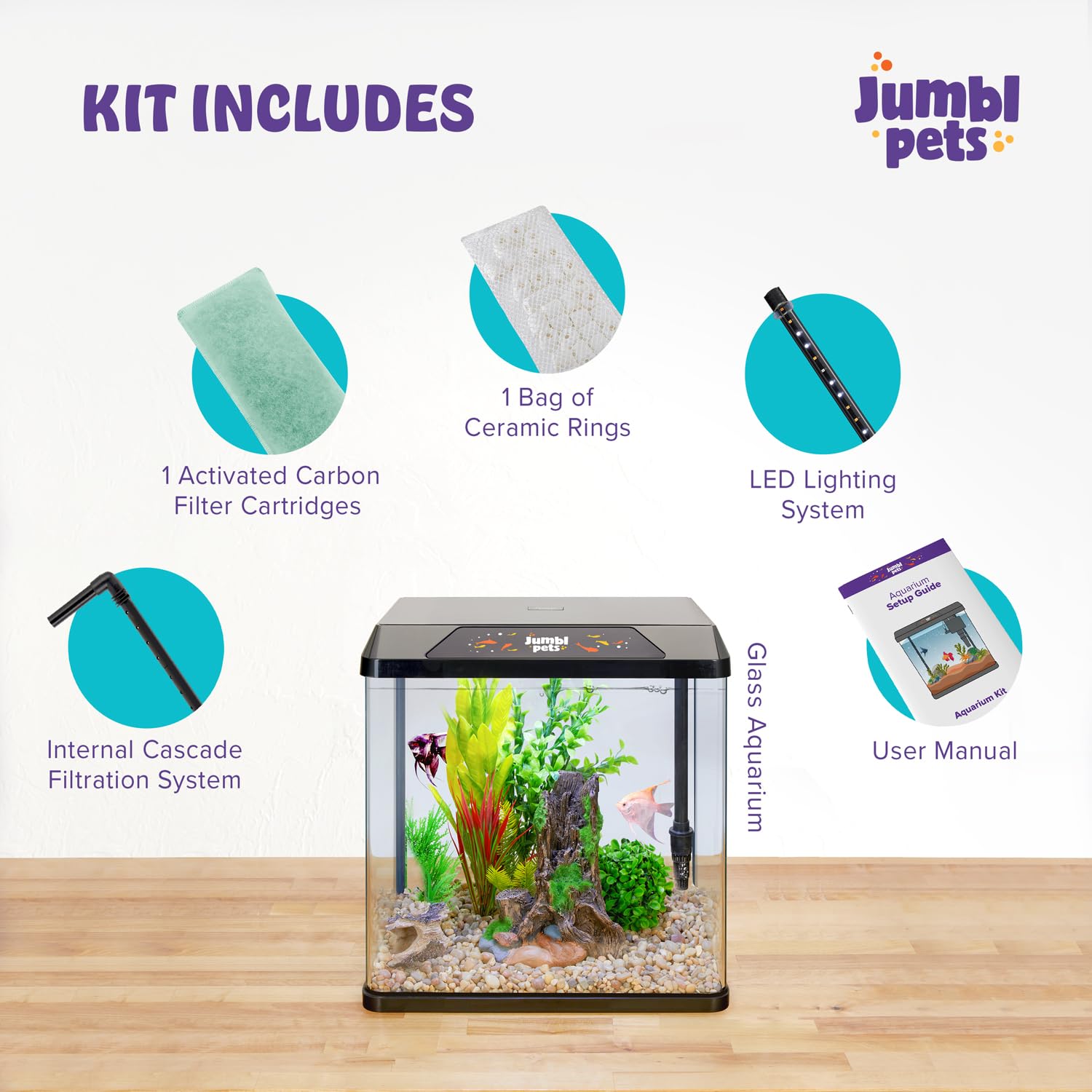 JumblPets Starter Fish Aquarium Kit, 2 Gallon, Complete Beginner Glass Fish Tanks Set with LED Lighting, Internal Filtration Sys