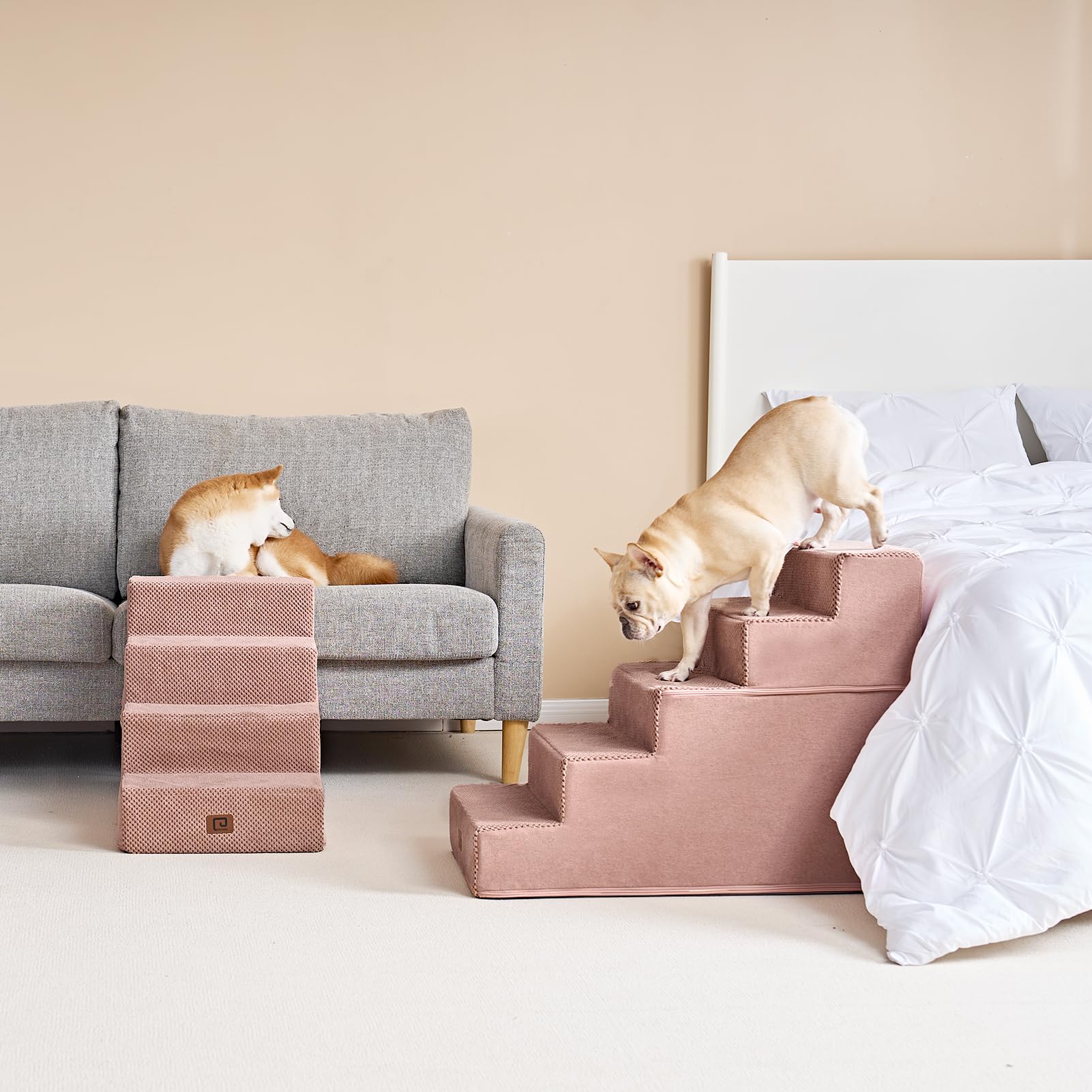 Eheyciga Dog Stairs For High Bed 22.5”H, 5-Step Dog Steps For Bed, Pet Steps For Small Dogs And Cats, Non-Slip Balanced Dog Indoor Ramp, Pink