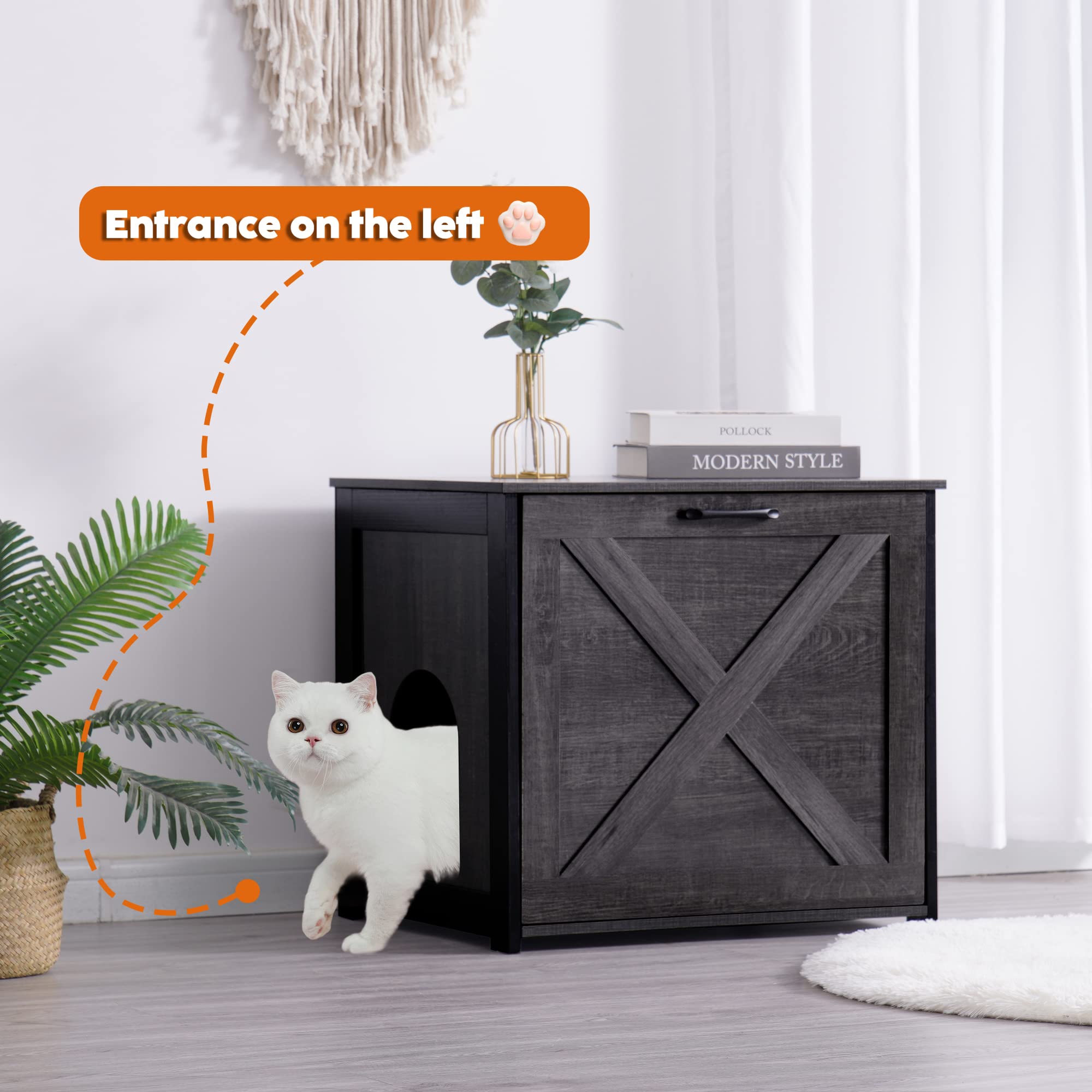 Dwanton Cat Litter Box Furniture Hidden, Cat Litter Box Enclosure, Reversible Entrance Can Be On Left Or Right Side, Indoor Cat Box Cabinet, Wooden Cat Washroom, End Table, Nightstand, Dark Gray