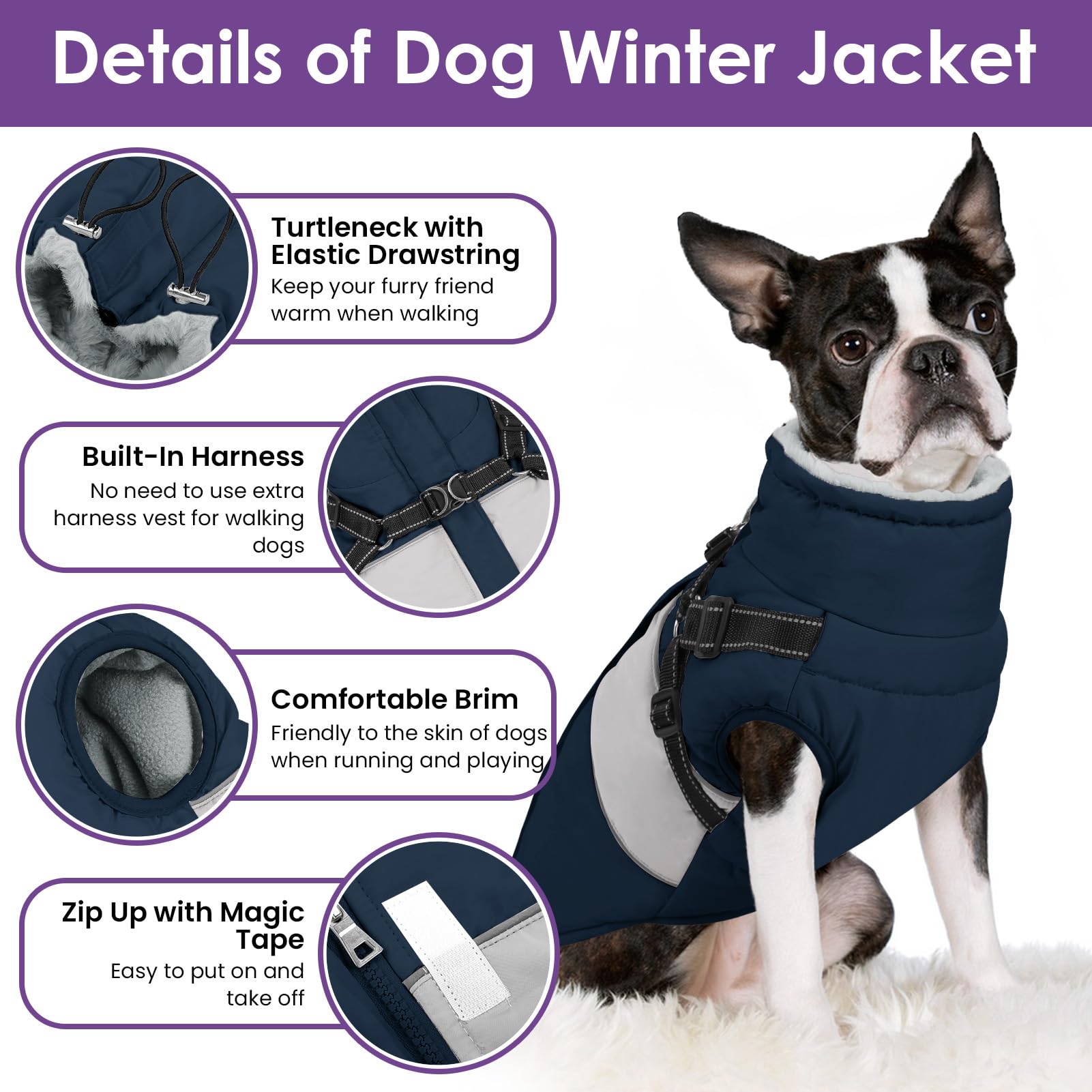 Sunfura Dog Coat For Large Dogs, Warm Pet Jacket Winter With Harness Built In, Waterproof Pet Snow Jacket With Furry Collar, Ref