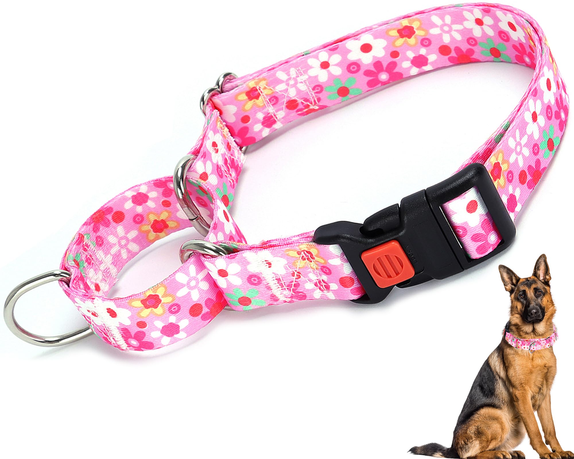 Pink Martingale Collar For Large Dogs With Safety Buckle, Adjustable Girl Dog Collars With Flowers Design, Heavy Duty No Slip Co