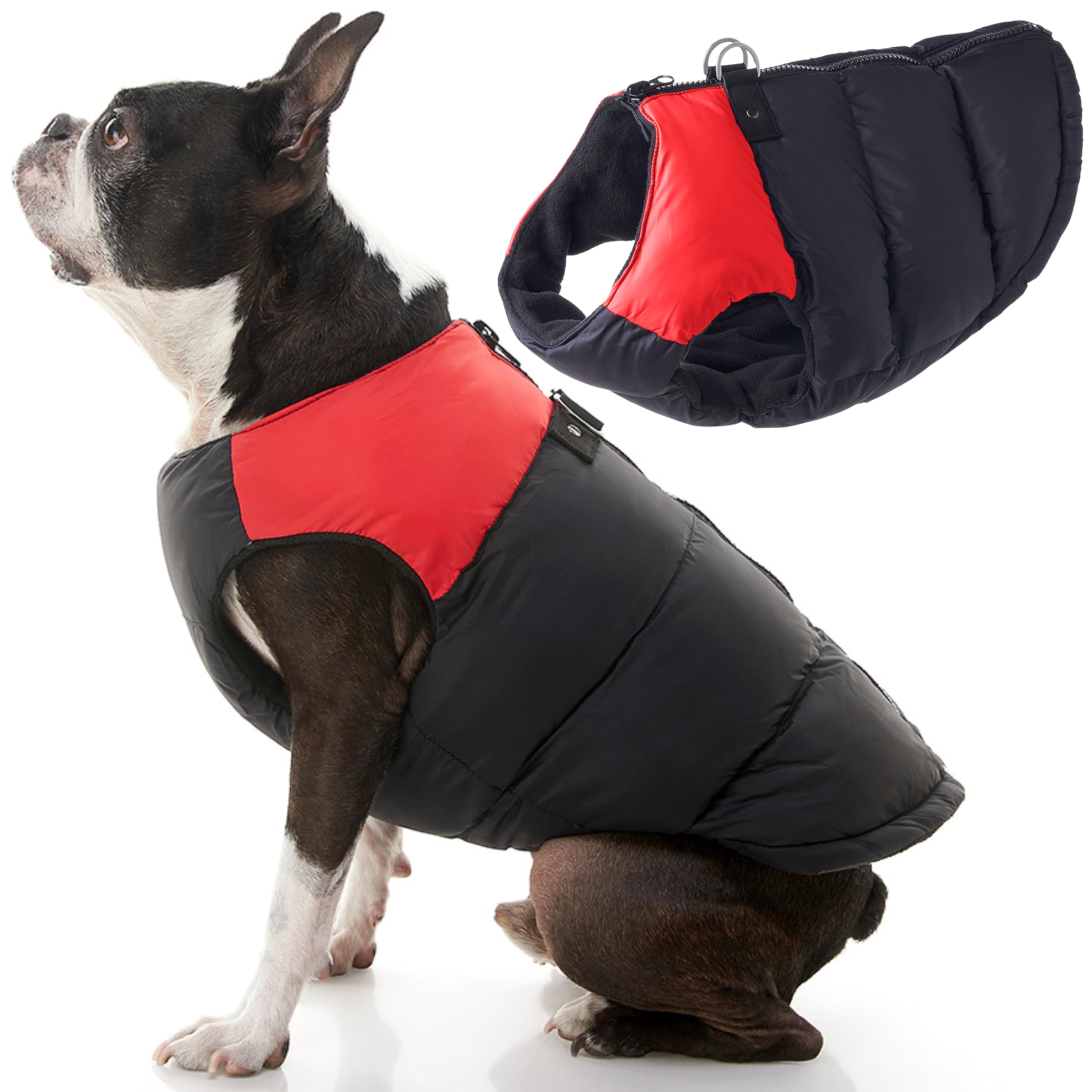 Gooby Padded Vest Dog Jacket - Red, X-Small - Warm Zip Up Vest Fleece Jacket With Dual D Ring Leash - Winter Water Resistant Swe