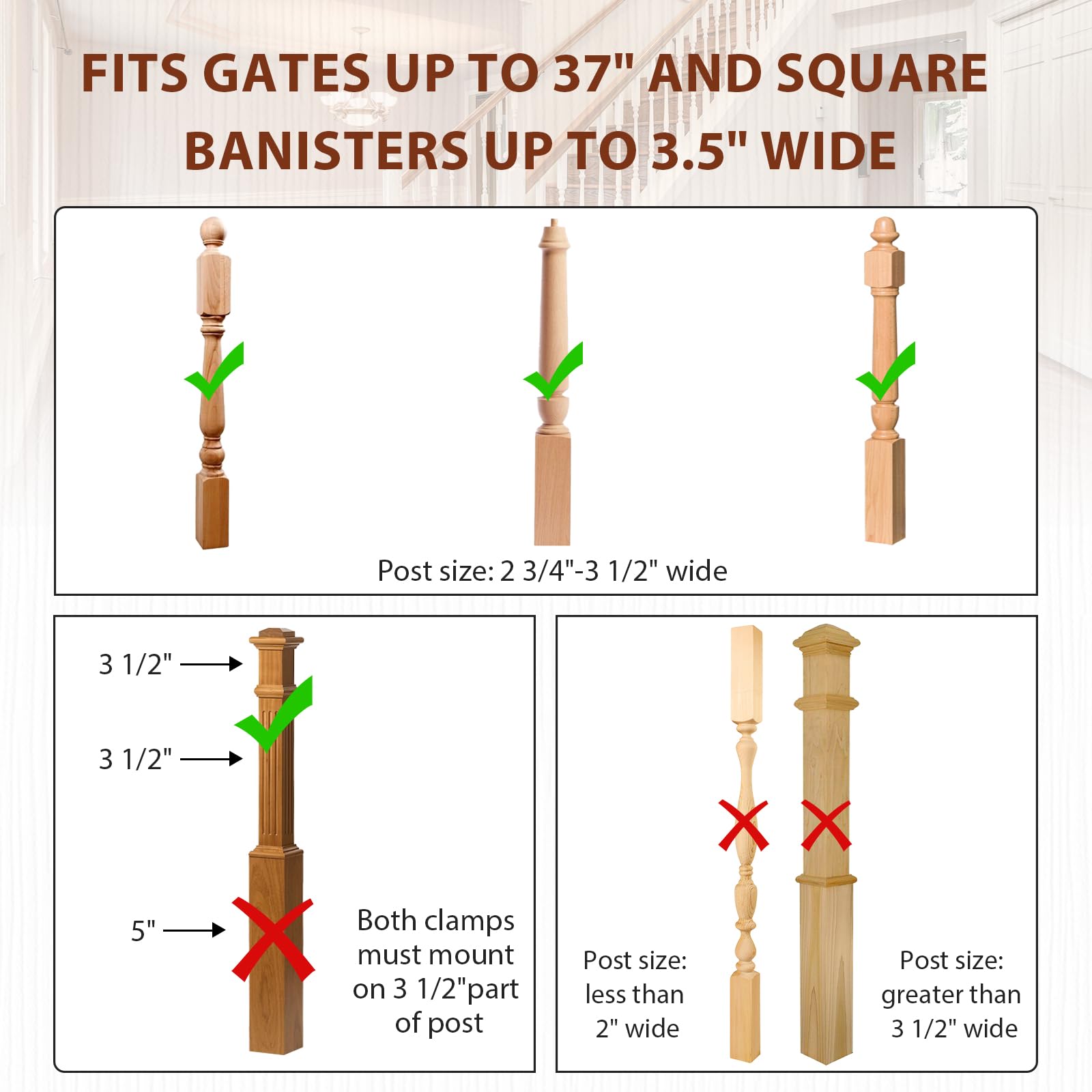 2 Pcs No Hole Stairway Baby Gate Mounting Kit - Fits Round & Square Banisters, Compatible with Most Hardware and Pressure Mount