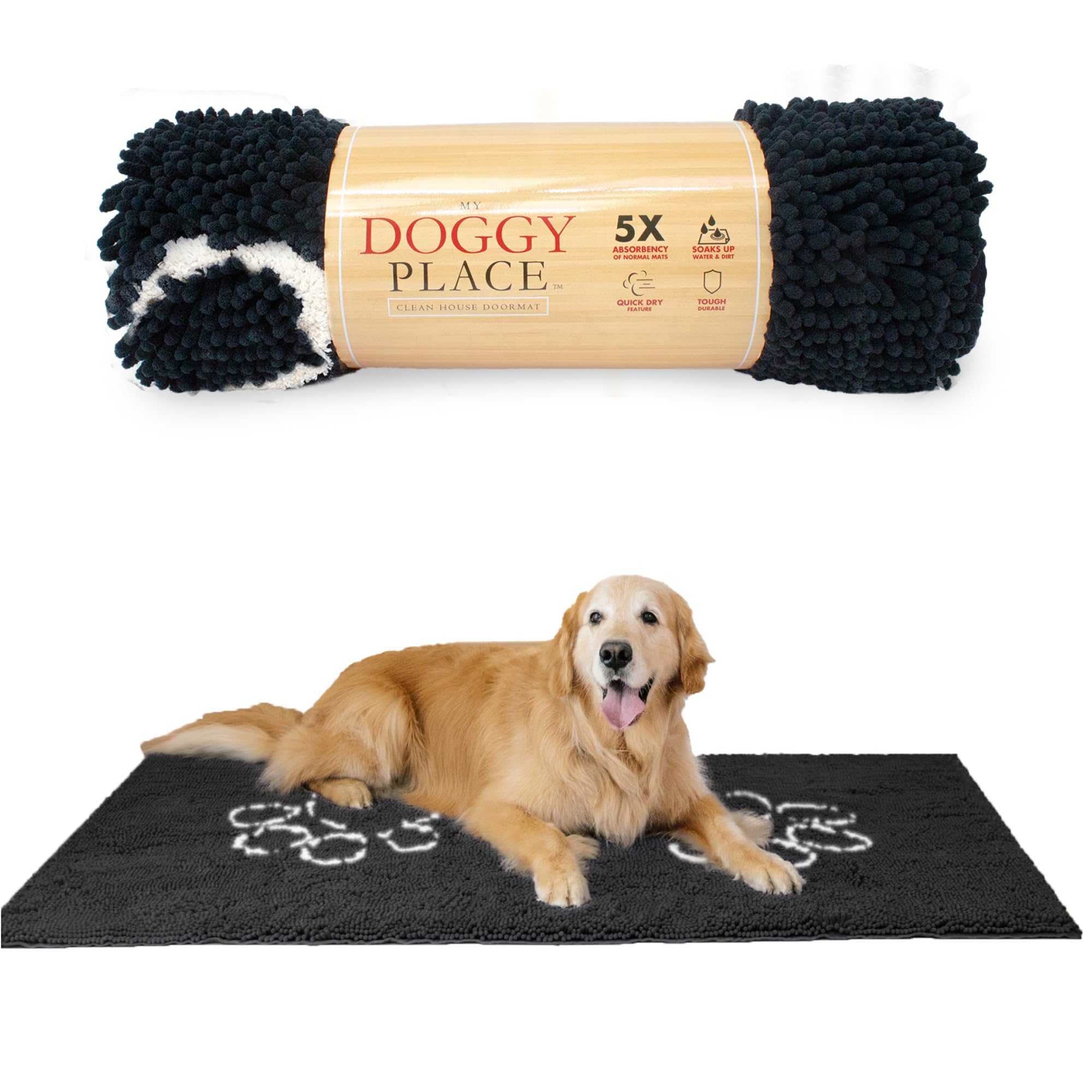 My Doggy Place Microfiber Dog Mat for Muddy Paws, 60 x 36 Black with Paw Print - Non-Slip, Absorbent and Quick-Drying Dog Paw Cl