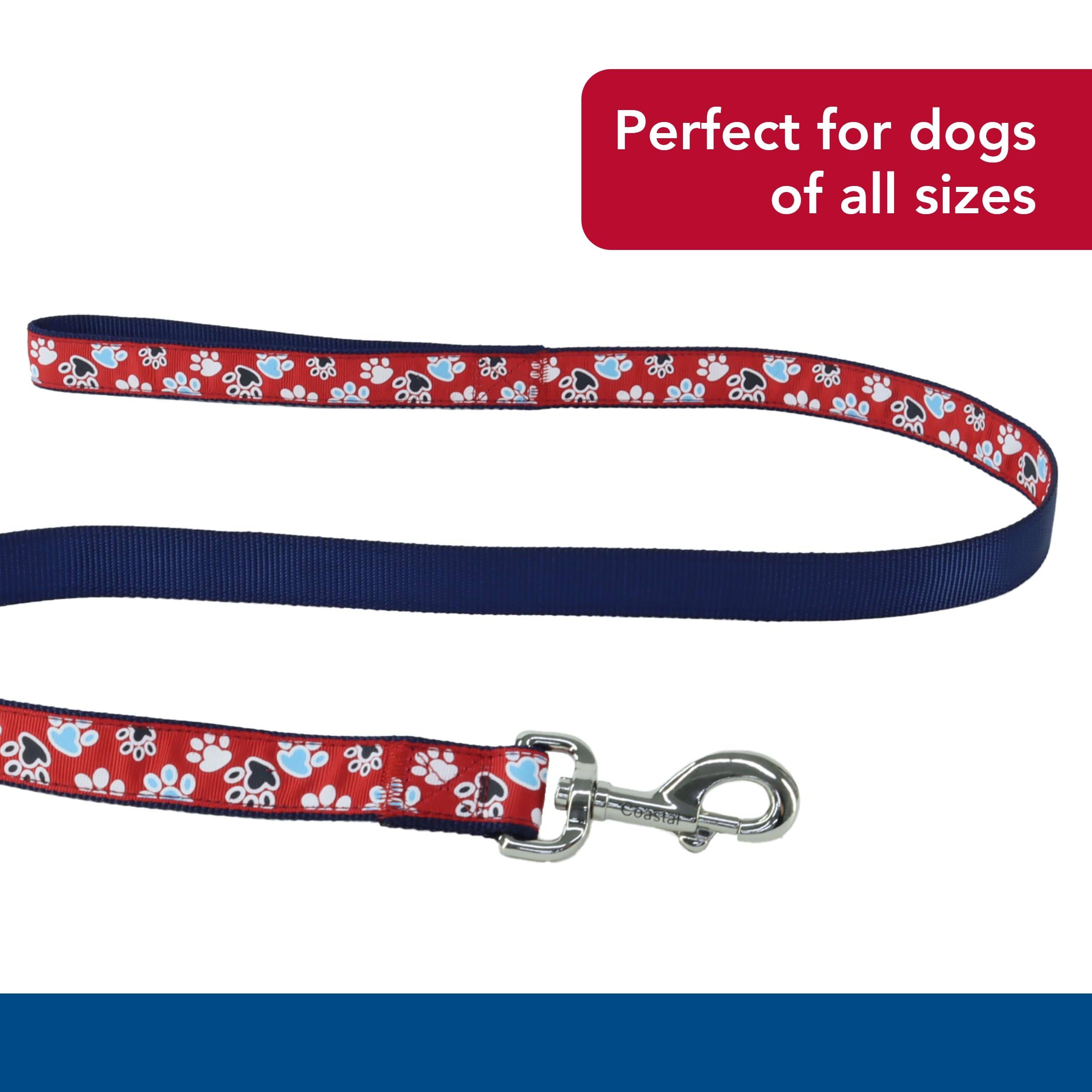 Coastal Pet Ribbon Dog Leash - Contemporary Stylish Look - Durable Fade-Resistant Nylon Material - Perfect For Dogs Red With Paws, 1' X 06'