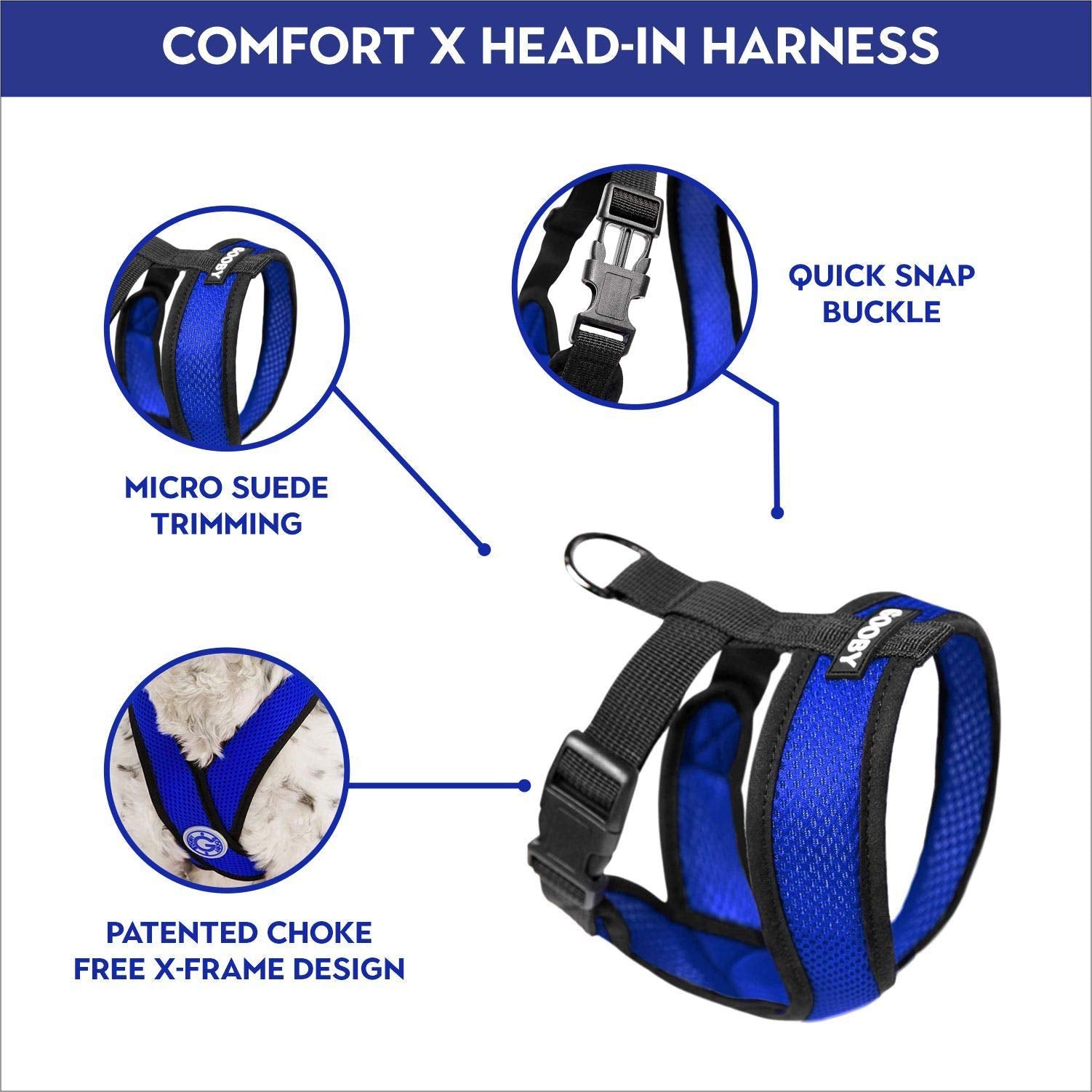 Gooby Comfort X Head In Harness - Blue, X-Large - No Pull Small Dog Harness Patented Choke-Free X Frame - Perfect On The Go Dog