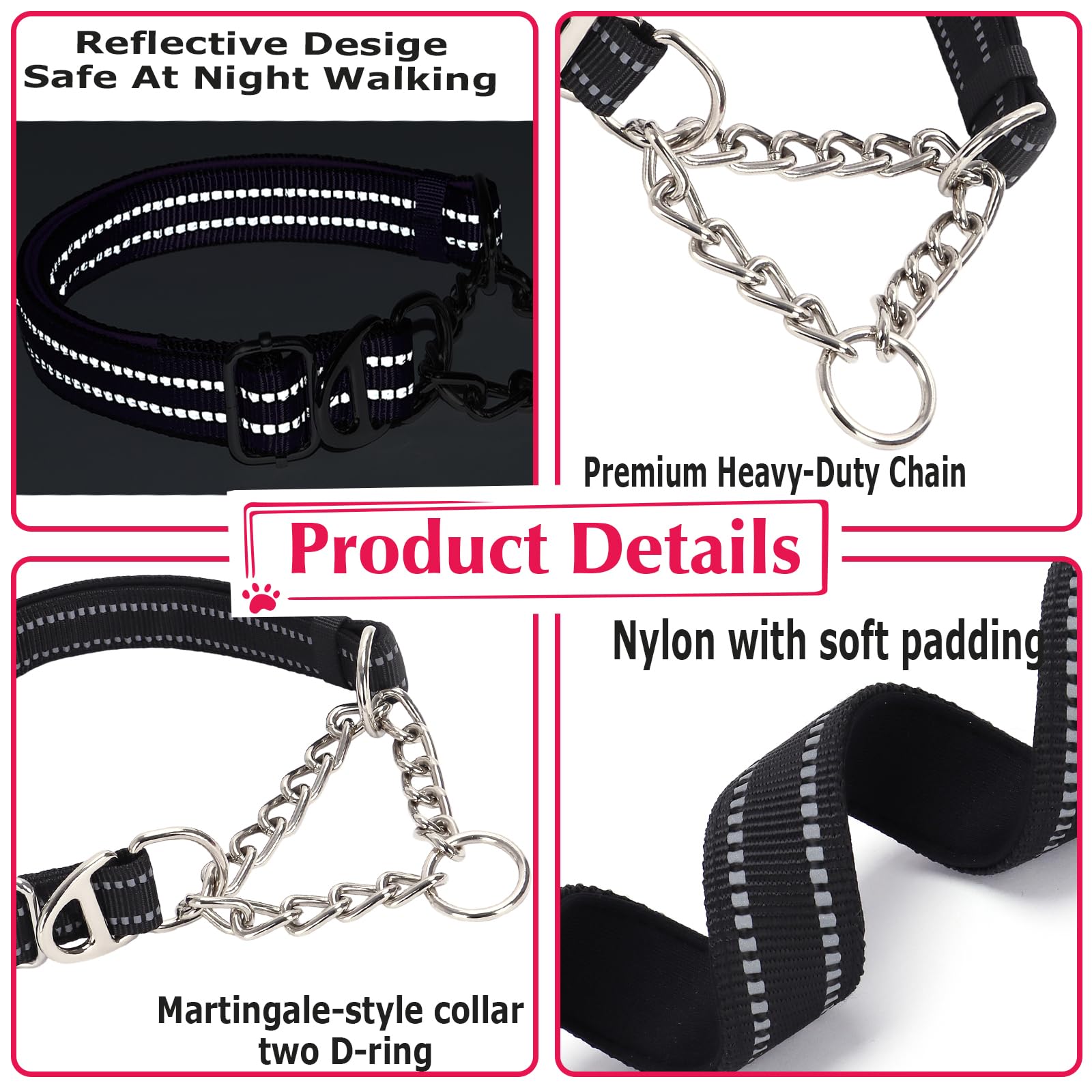 Reflective Martingale Collar For Dogs With Steel Chain, Adjustable No Pull Dog Training With Soft Padded For Large Breed Dogs, M