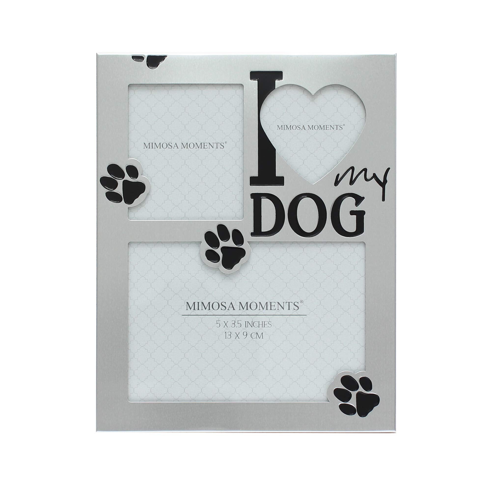 Mimosa Moments Metal Pet Picture Frame Saying I Love My Dog With Paw Print & Three Openings (Silver-Tone With Black Antique Fini