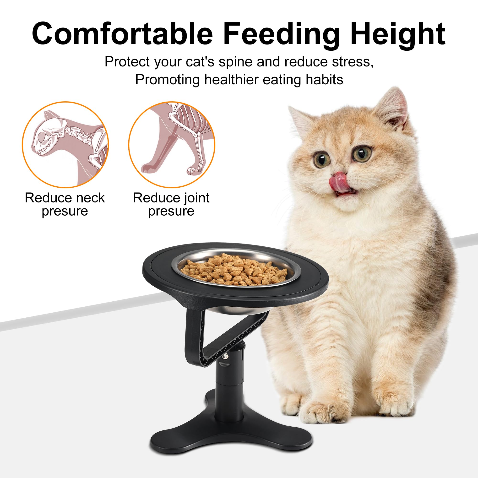Elevated Cat Bowls with Adjustable Stand,15 Tilted Stainless Steel Non-Slip Feeder for Indoor Cats (2-Pack, Black)