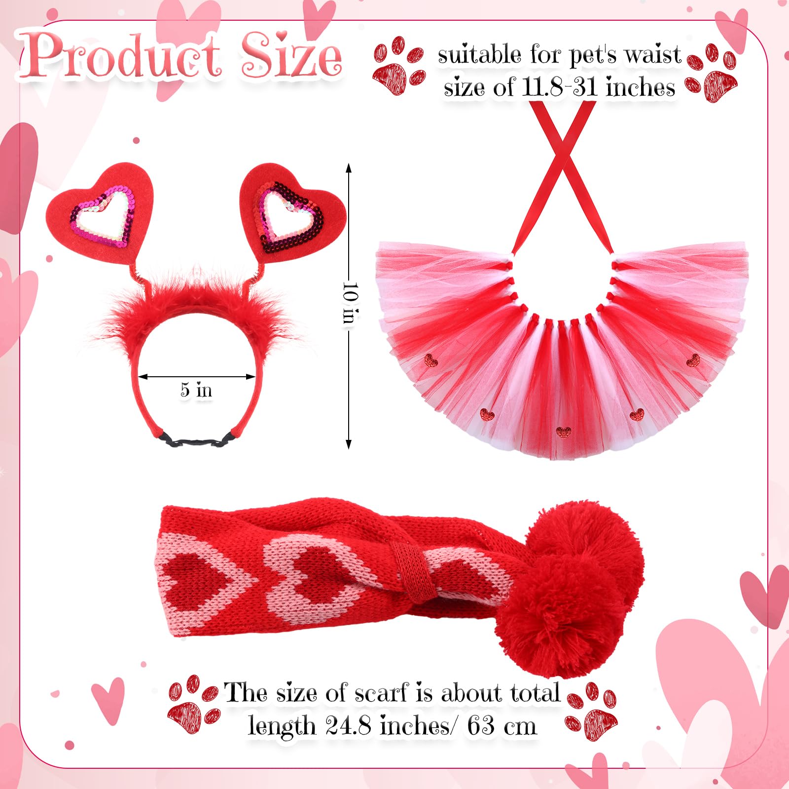 Siltriangle 3 Pieces Valentines Day Dog Costume Set Including Red Love Headband Valentines Dog Tutu Dress Cute Pet Tutu Red Pet