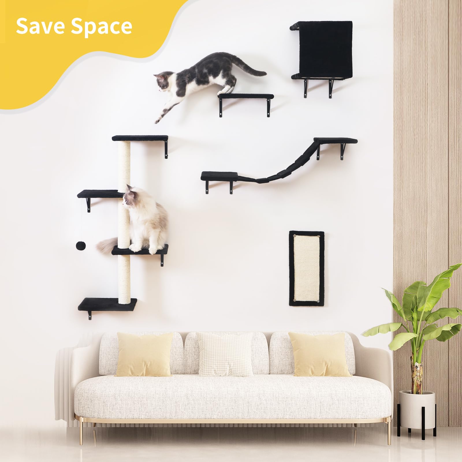 Modern Wall-Mounted Cat Furniture - 5Pcs Cat Wall Shelves, Wooden Climber Includes House, Bridge, Tree, Steps, And Scratcher (Bl