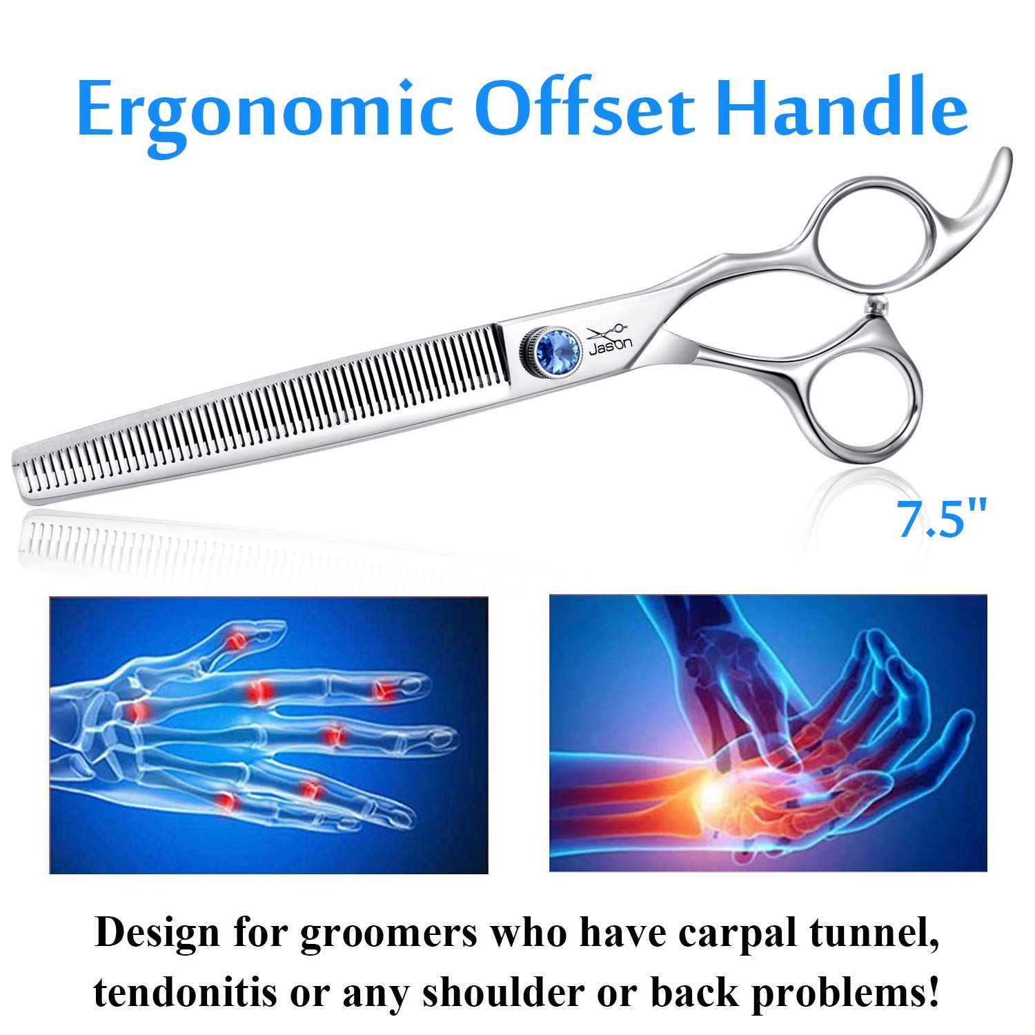 Jason 7.5' 56-Tooth Blending Dogs Grooming Scissors Cats Thinning Shears Pets Blender Thinner Trimming Texturizing Kit With Offset Handle Blue Jewelled Screw (7.5 Inch)