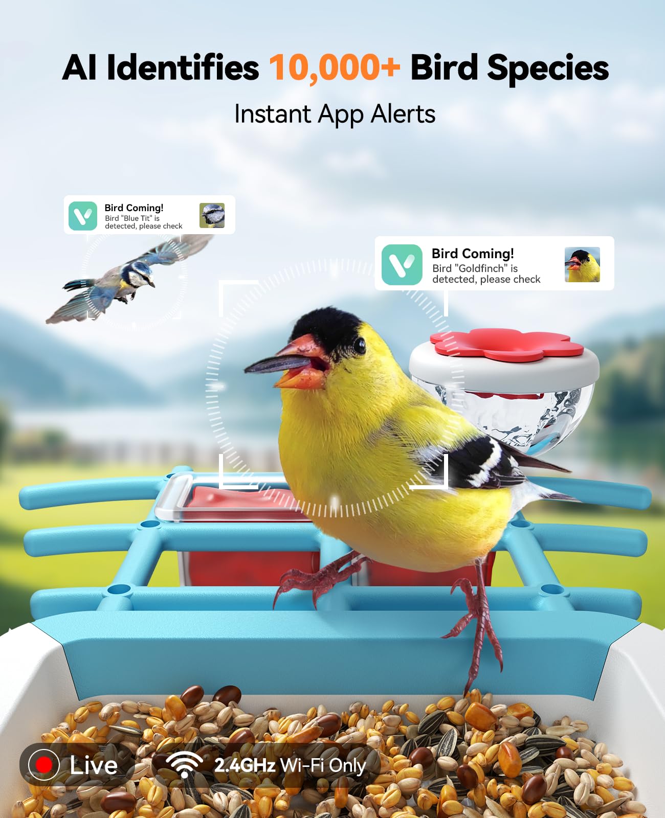 FEELNEEDY Smart Bird Feeder with Camera,Solar-Powered 2K HD Bird Watching Camera,3X Zoom & 173 View,AI Identify,Motion Alerts,IP