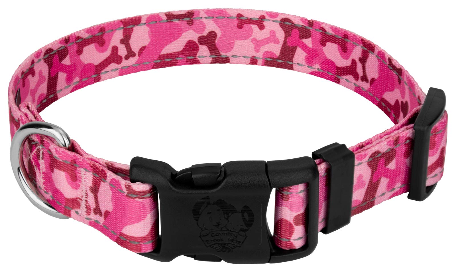 Country Brook Petz - Deluxe Pink Bone Camo Reflective Dog Collar Collection Featured Night Safe Designs (1 Inch, Medium)
