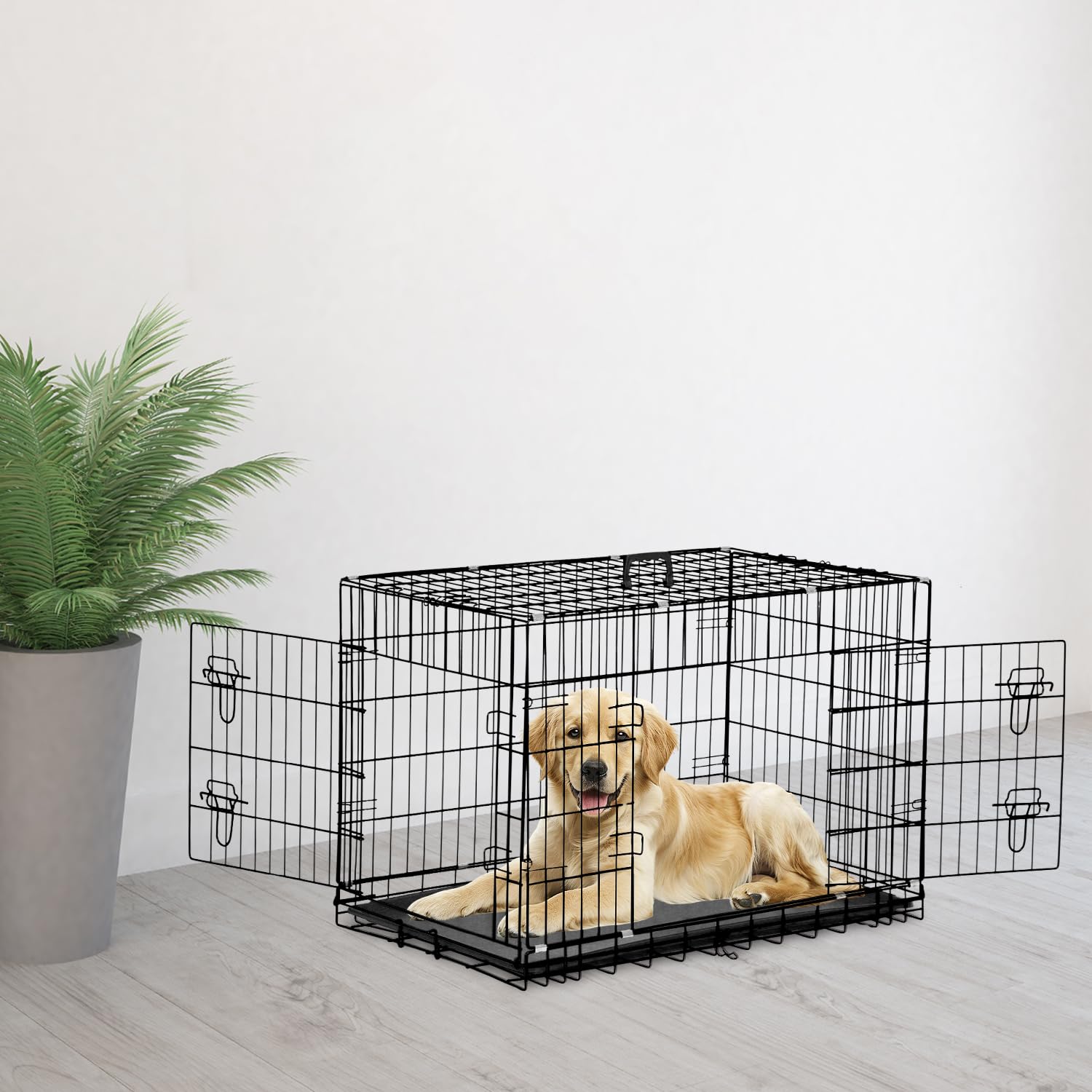 42 Inch Large Dog Crate Dog Kennel Pet Cage Metal Wire Crates Pet Cages Double-Door Folding Kennels With Handle Leak-Proof Pan T