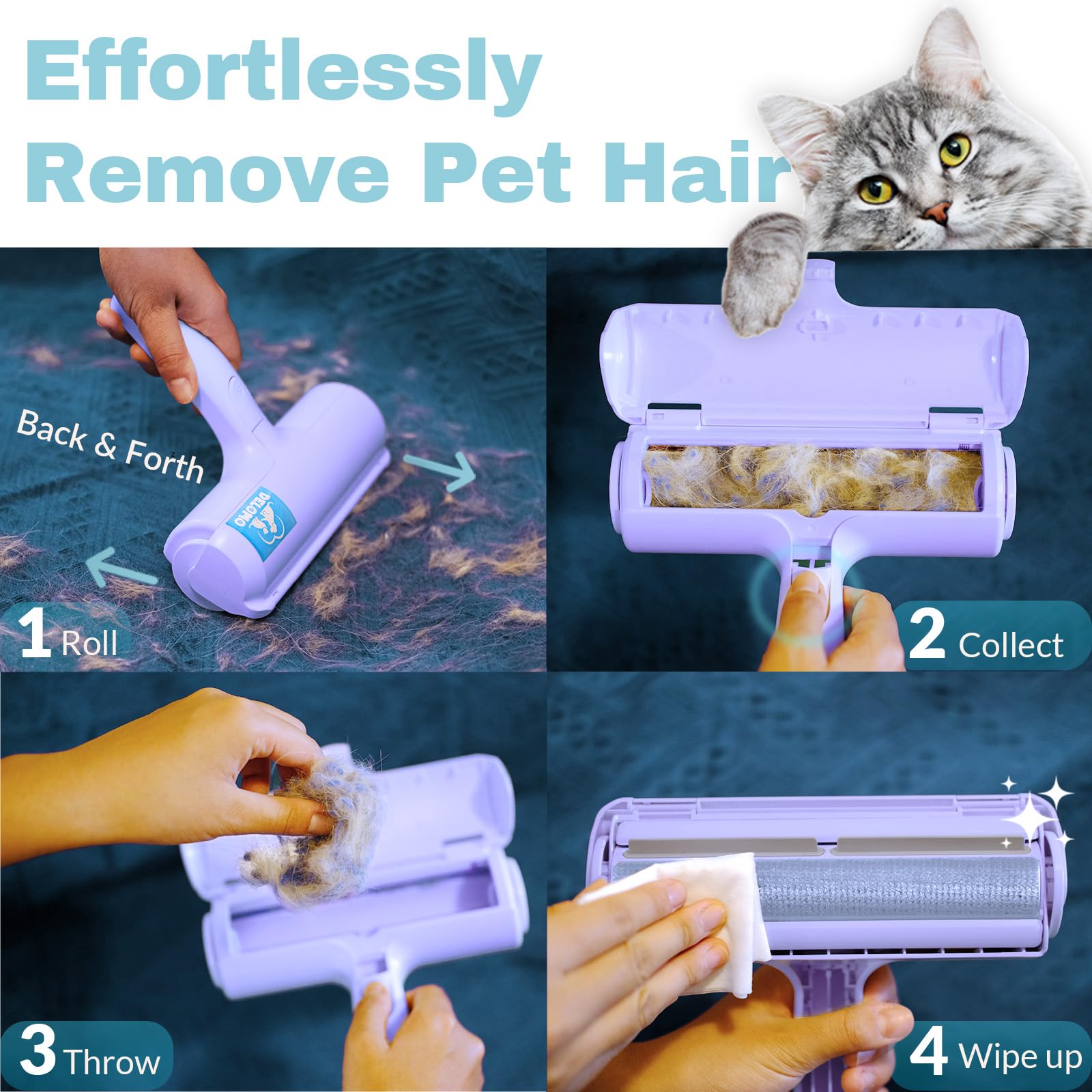 Delomo Pet Hair Remover Roller - Dog & Cat Fur Remover With Self-Cleaning Base - Efficient Animal Hair Removal Tool - Perfect Fo