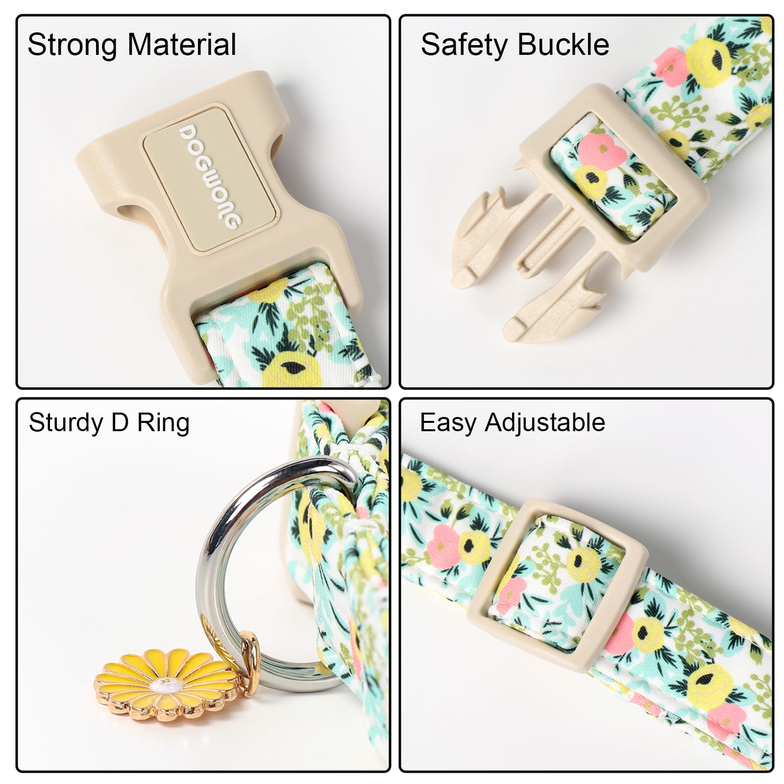 Dogwong Flower Cotton Dog Collar, Spring Summer Cute Yellow Dog Collar Durable Soft Fabric Pet Dog Collars Female Girl Necklace