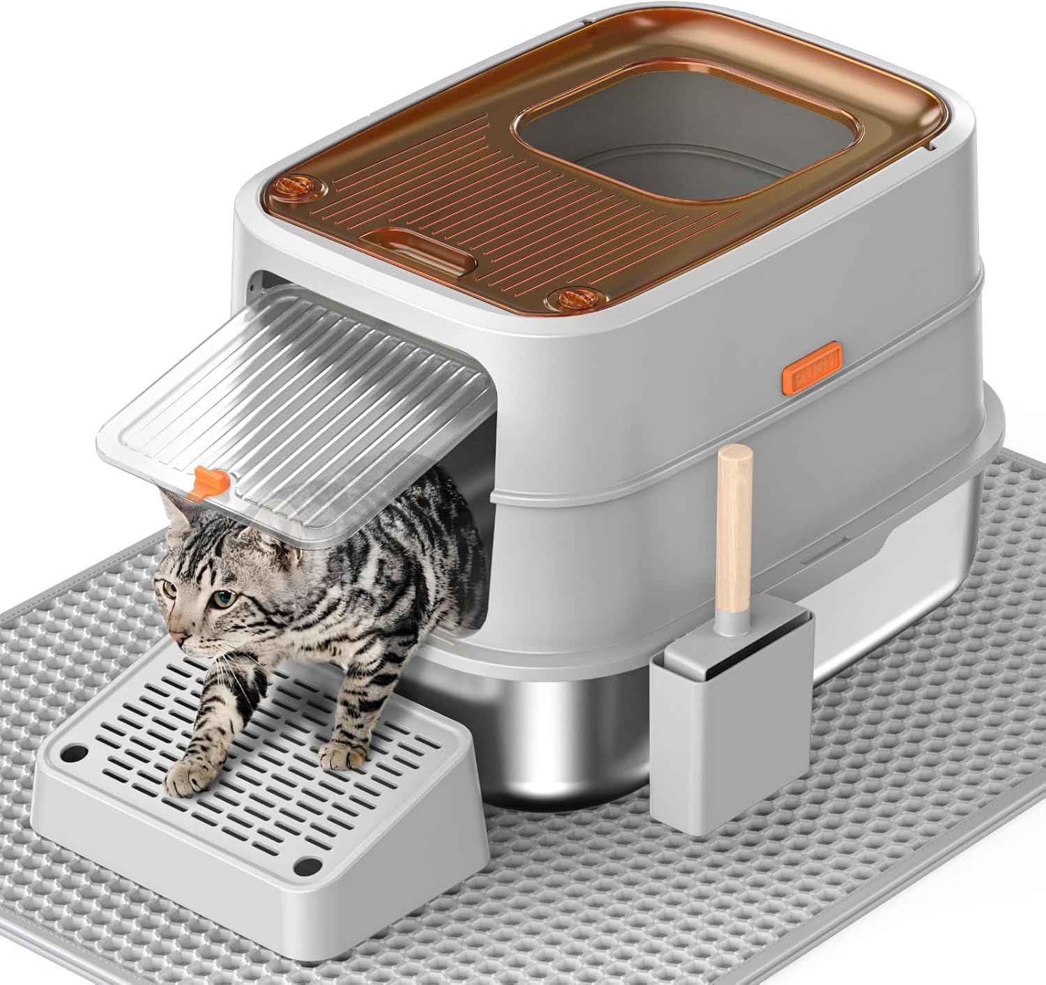 Htii- Stainless Steel Cat Litter Box, Extra Large Box For Cats, Enclosed Metal Kitty Litter Box With Litter Scooper, Odor-Urine-