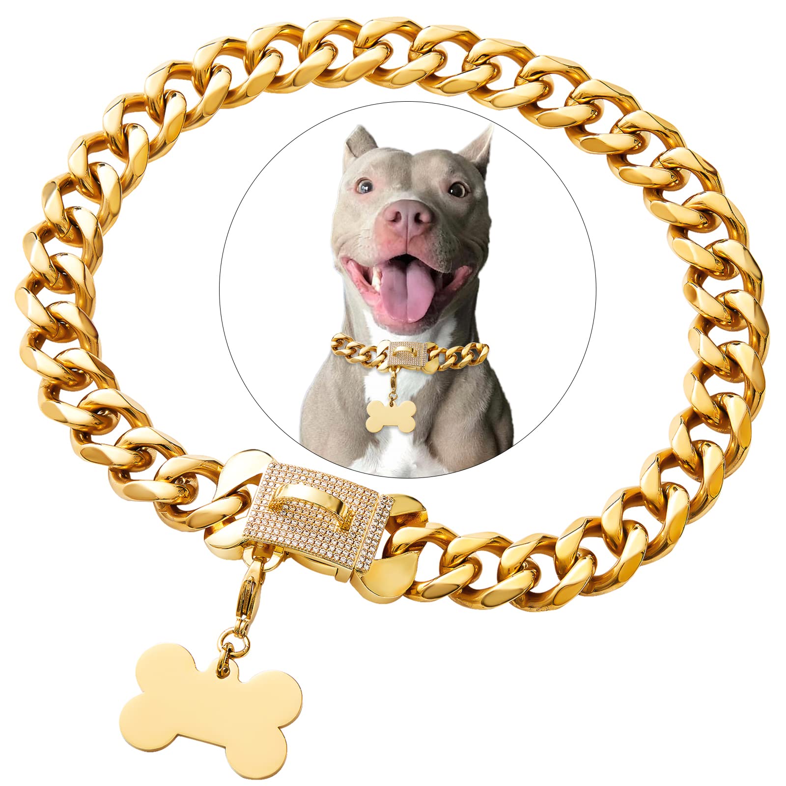 Stainless Steel Cuban Gold Link Heavy Duty Necklace Dog Collar For Small Medium Large Dogs, American Bully French Bulldog Dog Co