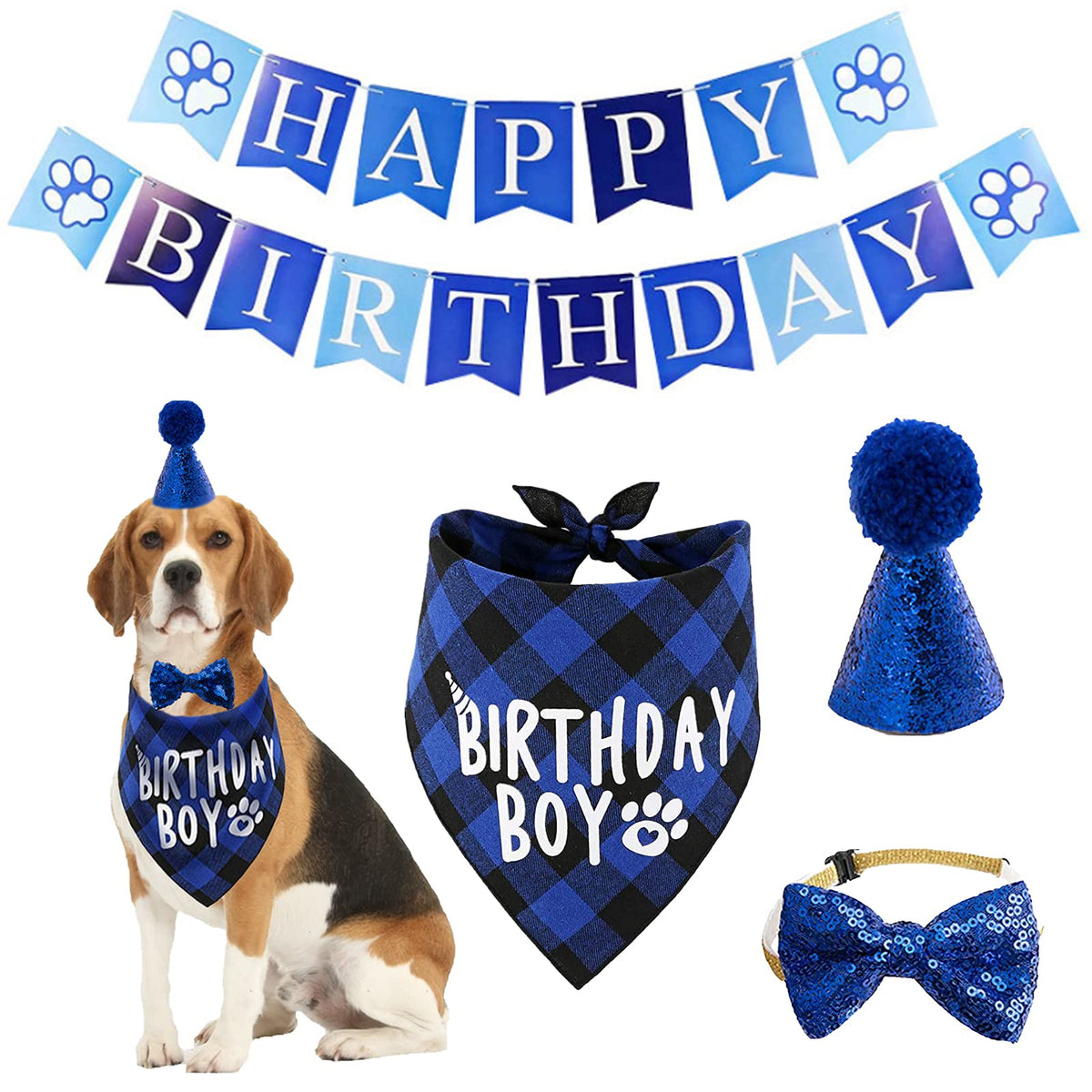 Dog Birthday Bandana Hat Scarf Set, Dog Birthday Party Supplies Dog Bandana Hat Scarfs Happy Birthday Banner With Cute Dog Bow Tie Collar Boy Girl Puppy Birthday Hat Scarf Classic Plaid Design (Blue)