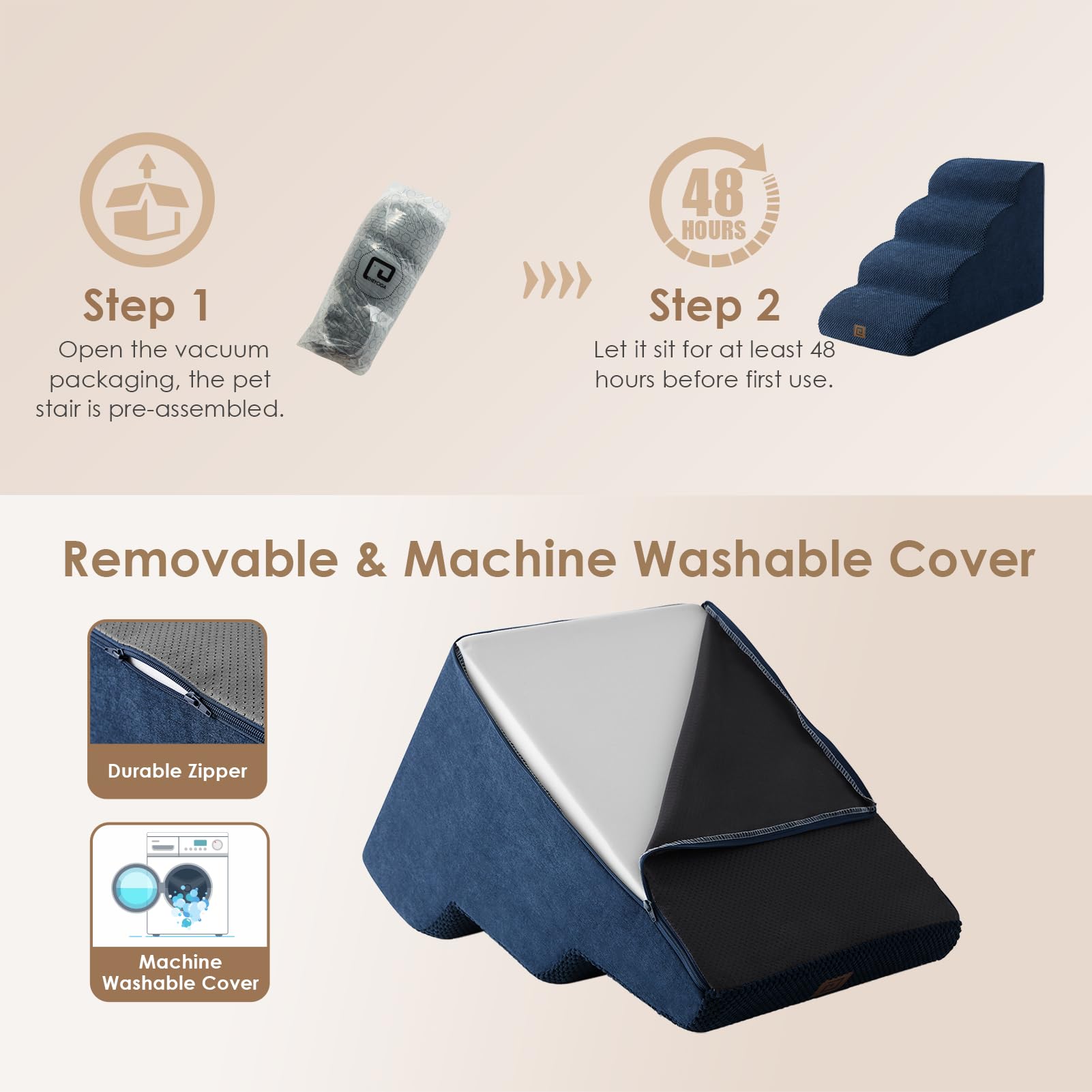 Eheyciga Curved Dog Stairs Ramp For High Beds 19.7' H, 4-Step Dog Steps For Small Dogs And Cats, Pet Stairs For High Bed Climbing, Non-Slip Balanced Pet Step Indoor, Navy