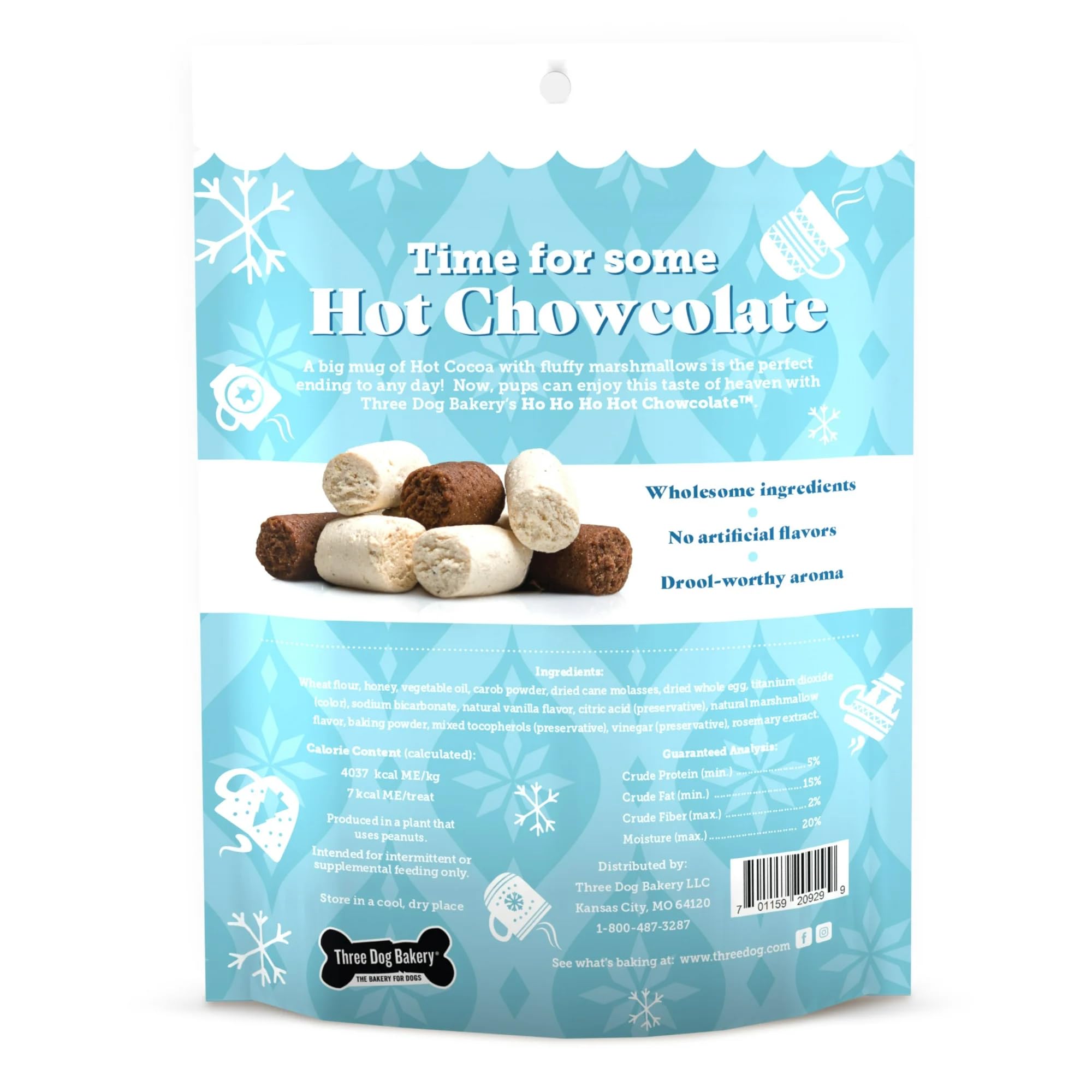 Three Dog Bakery Ho Ho Ho Hot Chowcolate - Festive Dog Treats, Carob & Marshmallow Wafers for Pups, Natural Dog Training Treats