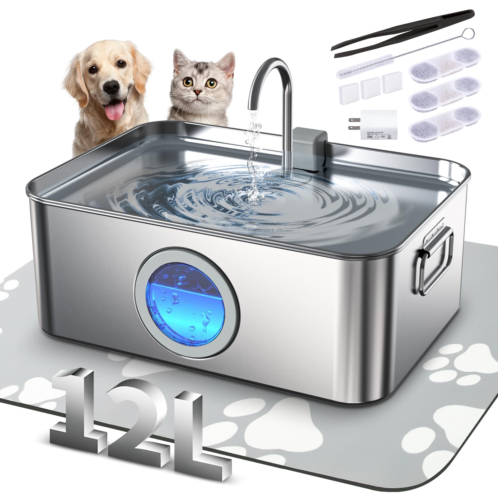 Dog Water Fountain Stainless Steel 12L/410Oz/3.2Gal, Dysj01 Pet Water Fountain With Silicone Mat & 3 Set Filters For Large Dogs/