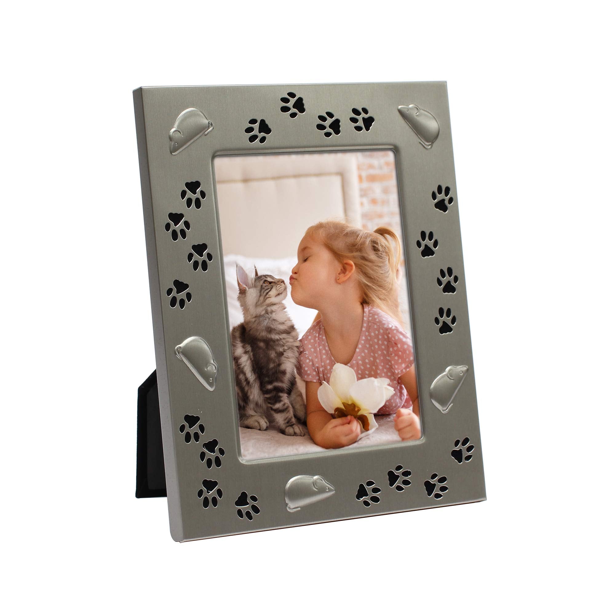 Mimosa Moments Metal Pet 4X6 Pewter Picture Frame For Cat With Mouse & Paw Print