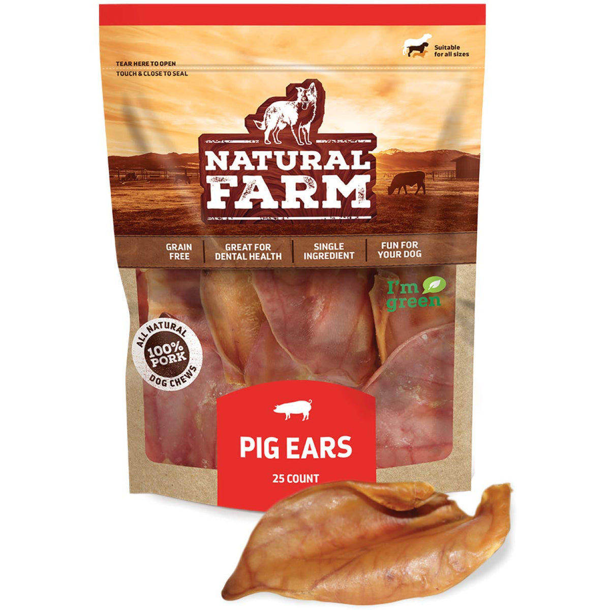 Natural Farm Pig Ears For Dogs (25 Pack), All-Natural Whole Dog Treats Thick Pigs Ears, Single Ingredient & Highly Digestible Jumbo Ears, Better Than Rawhide Dog Snacks For Puppy And Large/Medium Dogs