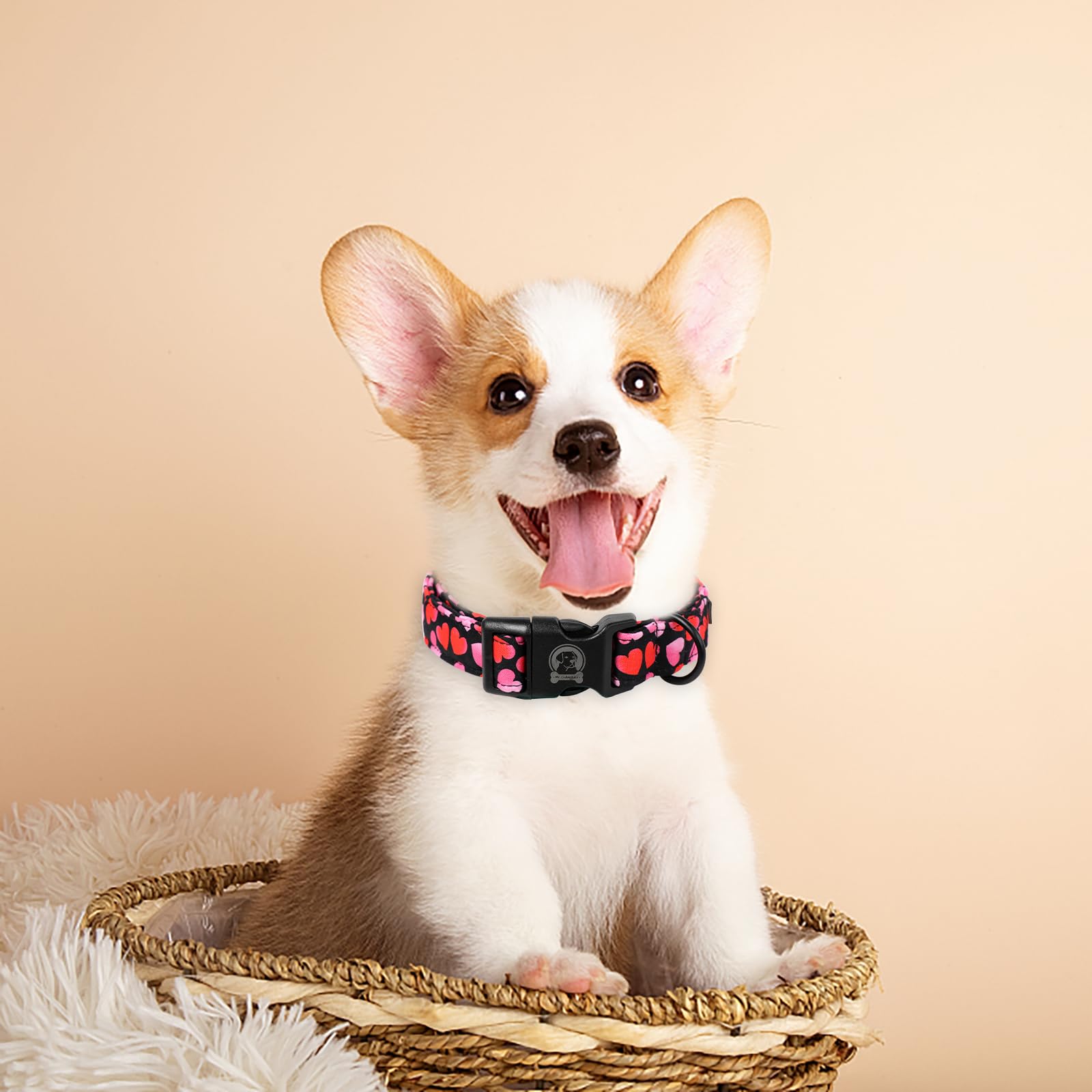 Mr. Chubbyface Valentines Dog Collar,Cute Pink Love Heart Cotton Pet Collar, Adjustable Valentine Girl Female Male Pet Collars W