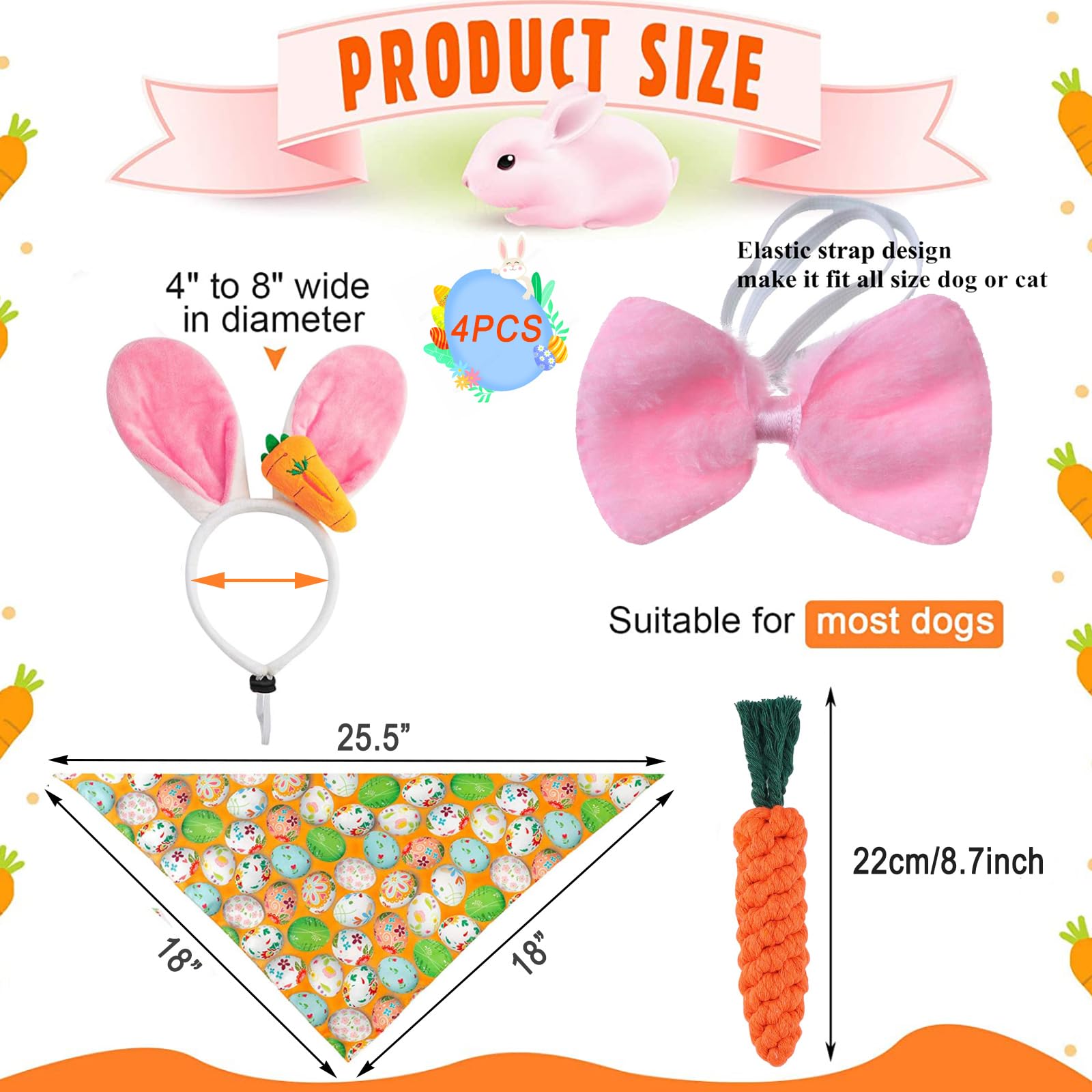 4 Pcs Easter Dog Costumes Cute Bunny Ears Headband Reversible Eggs Puppy Bandana Bowtie Pink Easter Outfits For Small Medium Lar