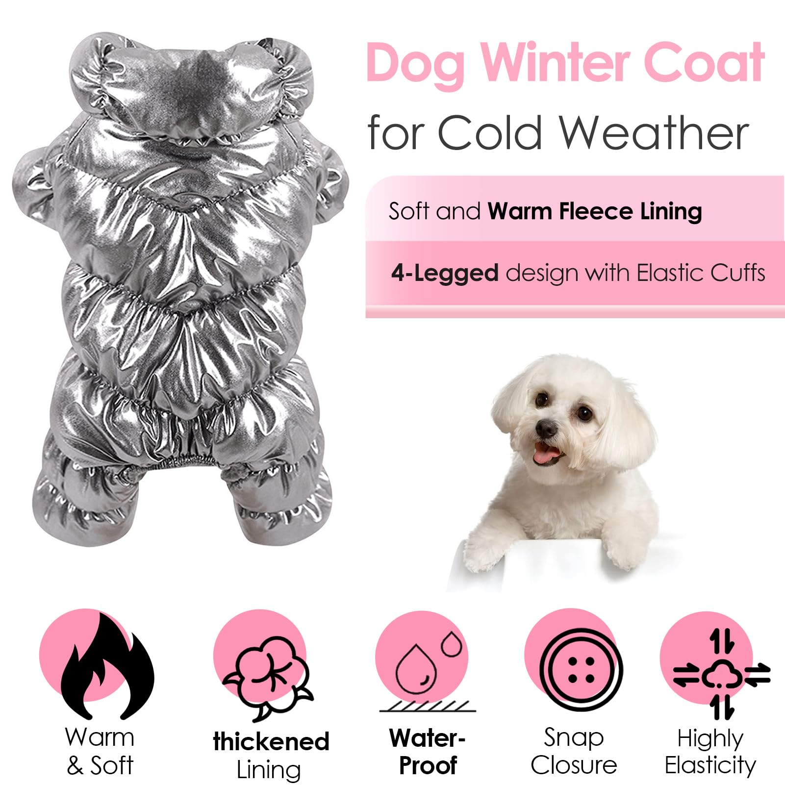 AOFITEE Dog Coat - Waterproof & Windproof Puppy Jacket for Winter, Fullbody Snowsuit, Fleece Vest, Silver, L