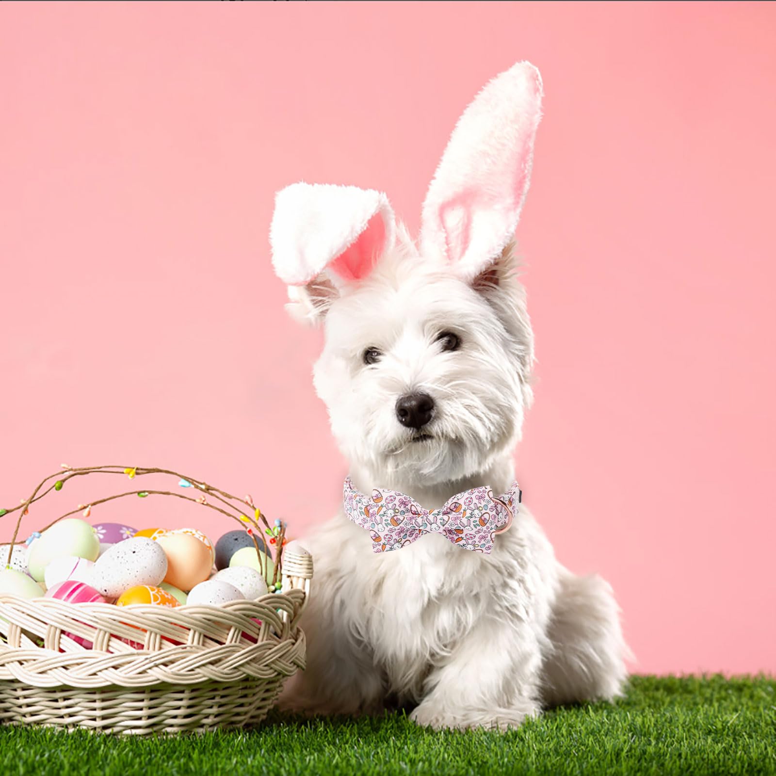 Lionet Paws Easter Dog Collar, Pink Rabbit Dog Collar For Medium Dogs With Bowtie, Adjustable Cotton Eggs Bowtie Pet Collars For