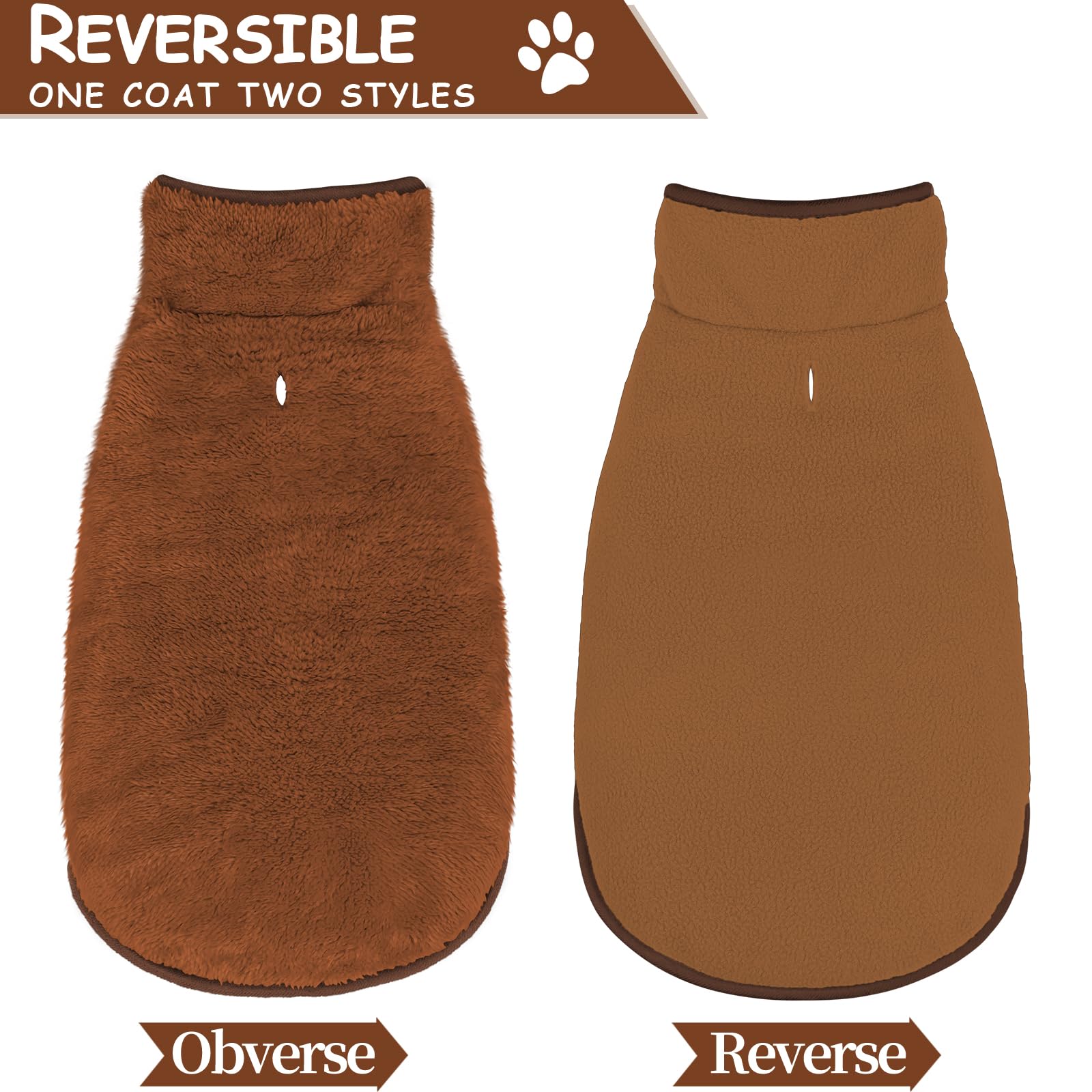 Malier Reversible Fleece Dog Coat, Windproof Warm Jacket For Dogs, Snow Vest - Brown, X-Small