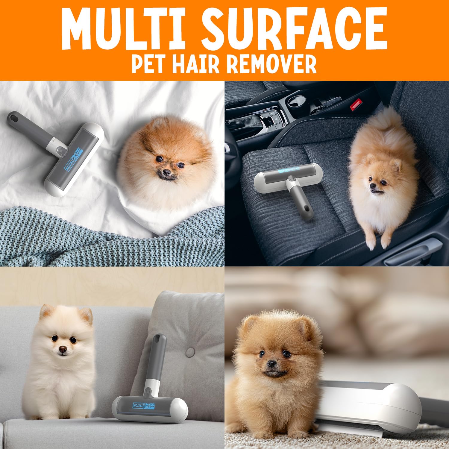 Triton Pet Hair Remover Tool - Travel Size, Detachable Handle, Gray/White, Fur Trapping Compartment, Reusable for Cats & Dogs