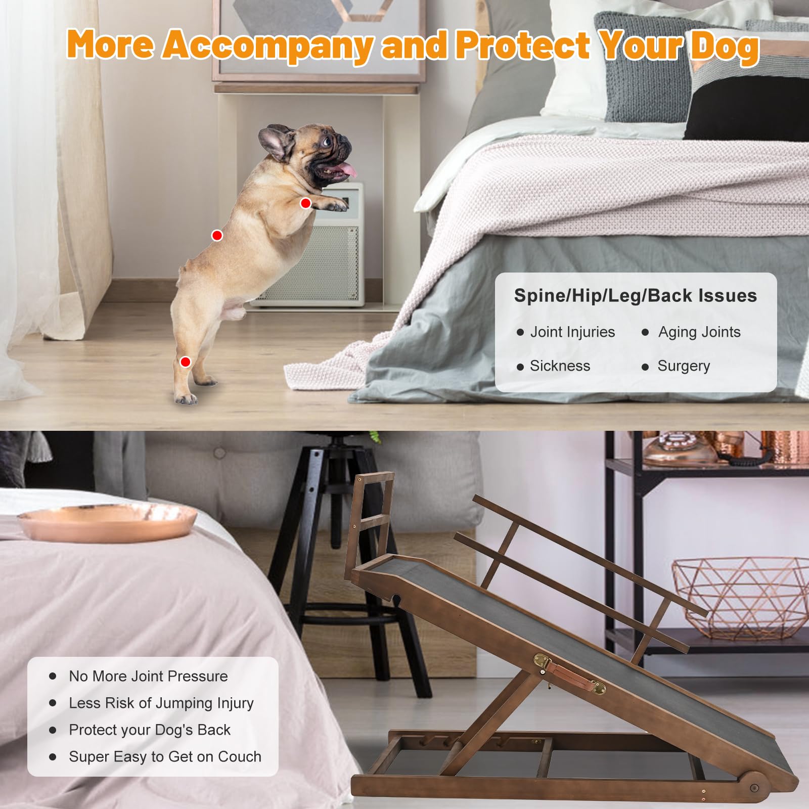 Adjustable Pet Ramp For Dogs - Large Bed/Couch/Car Ramp With Safety Rails - 17'' To 32'' Height