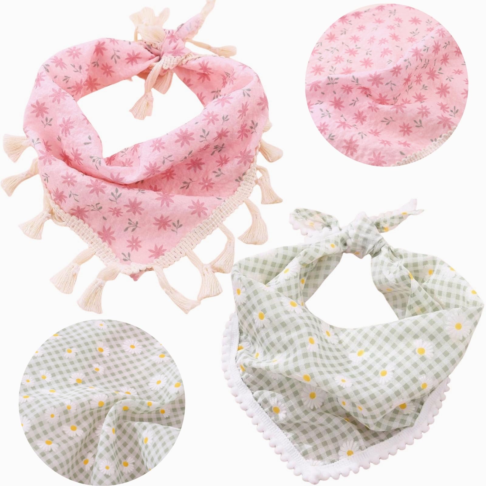 2Pcs Spring Summer Dog Bandanas Daisy Flower Scarfs Adjustable Puppy Bandana Triangle Washable Bibs Handkerchief For Small Mediu