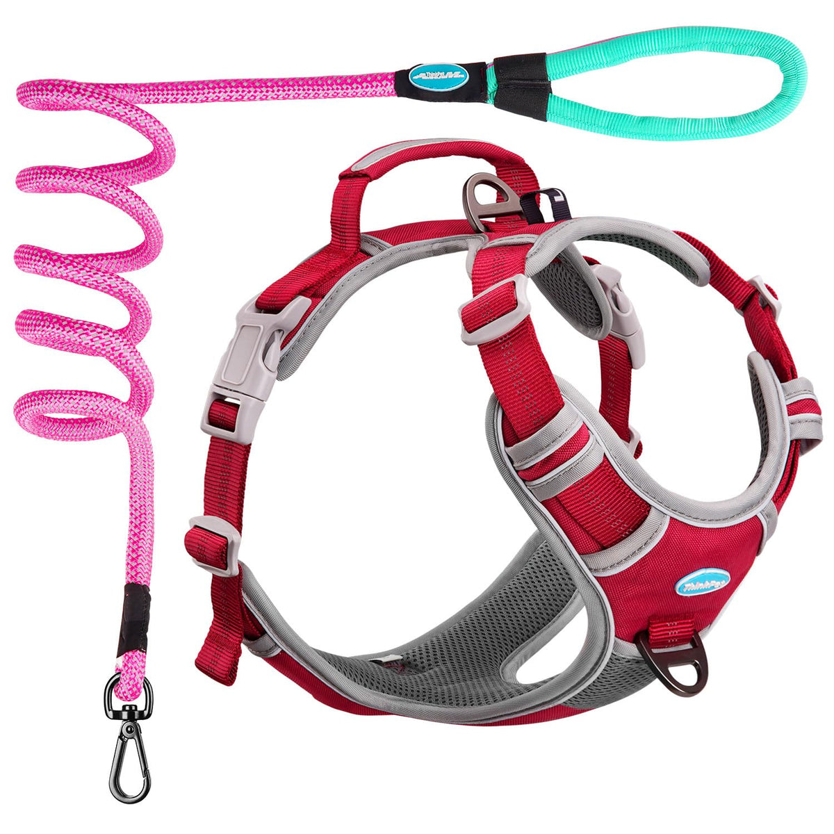 Thinkpet No Pull Harness Breathable Sport Harness With Handle - Reflective Padded Dog Safety Vest With Reflective Neon Dog Leash M Harness Leash Pack Red