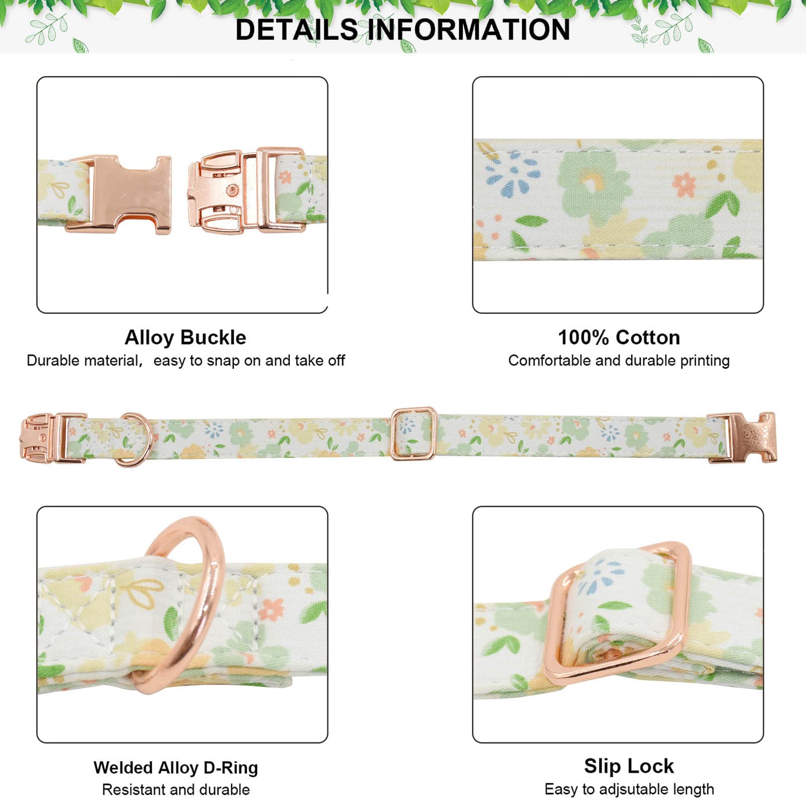 Metal Buckle Dog Collar, Durable Adjustable Dog Collar Soft For Small Medium Large Dogs (Green Flowers, L(15-23In)