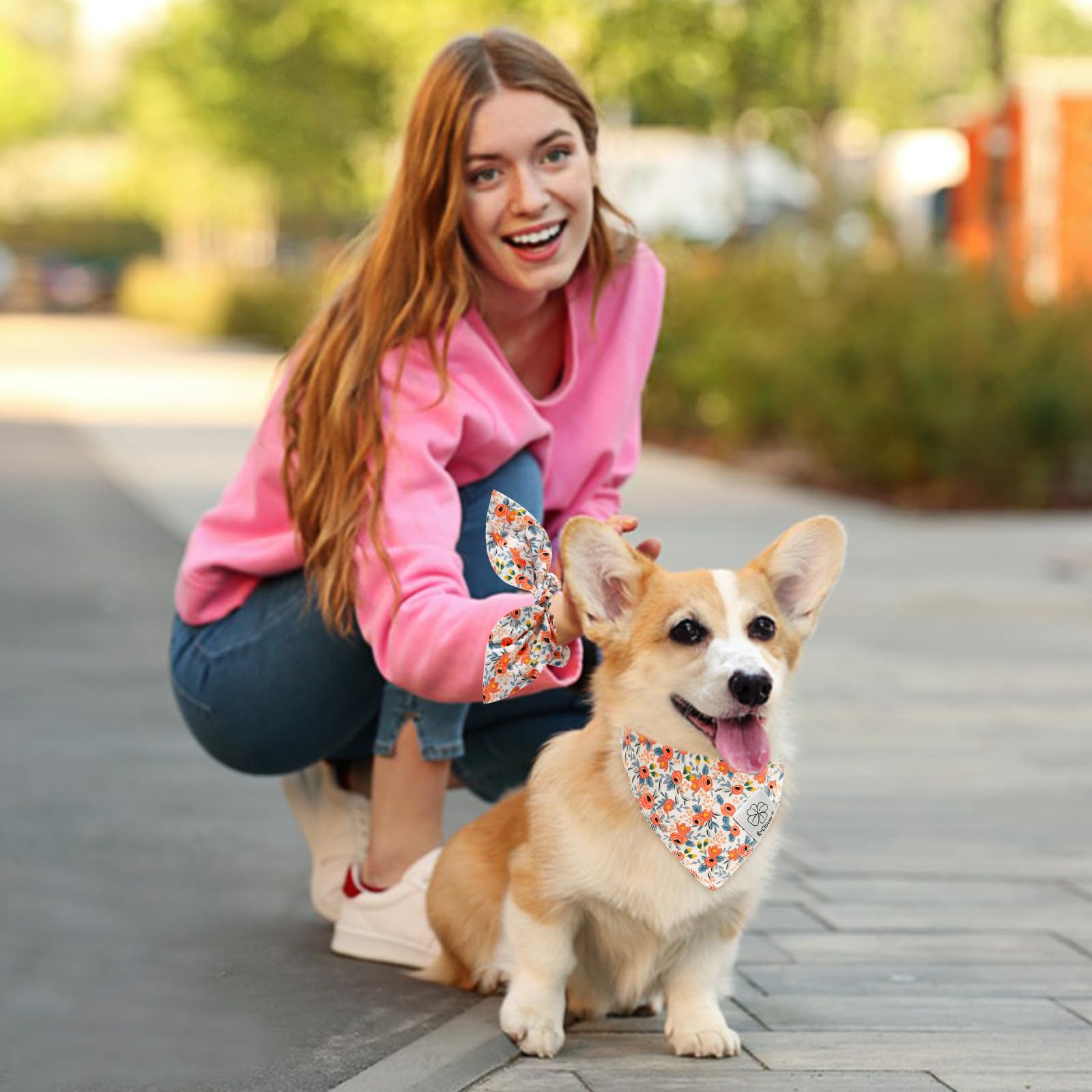 Dog Bandanas & Matching Scrunchie Set Flower Dog Scarf Bibs Girl Pet Bandana With Bow Tie For Medium Large Dogs Owner Mom Gift