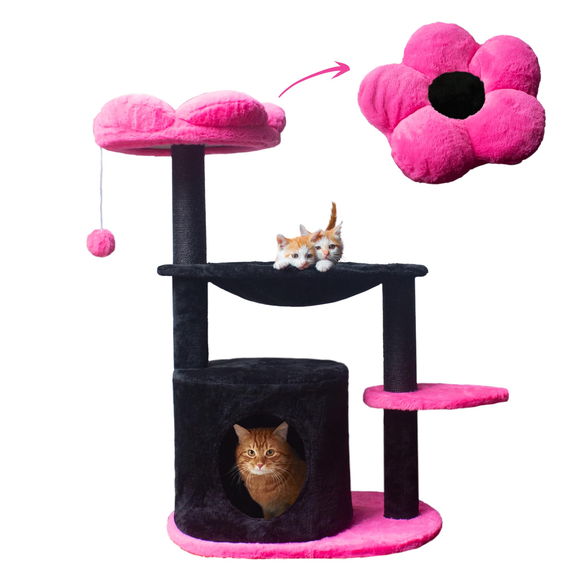 Fantasreen Cat Tree 33.5'' Black Pink Flower Cat Tower For Indoor Cats Cat Scratching Post With Comfy Hammock For Kittens Adult 