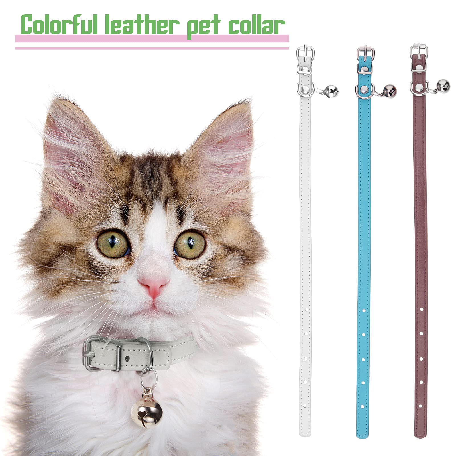 Weewooday 6 Pieces Leather Cat Collar With Bell Leather Kitten Collar Cat Collar For Boy Cats, Girl Cats With Safety Elastic Strap Cute Pet Collars For Small Cat Kitten Puppy(Fresh Color)